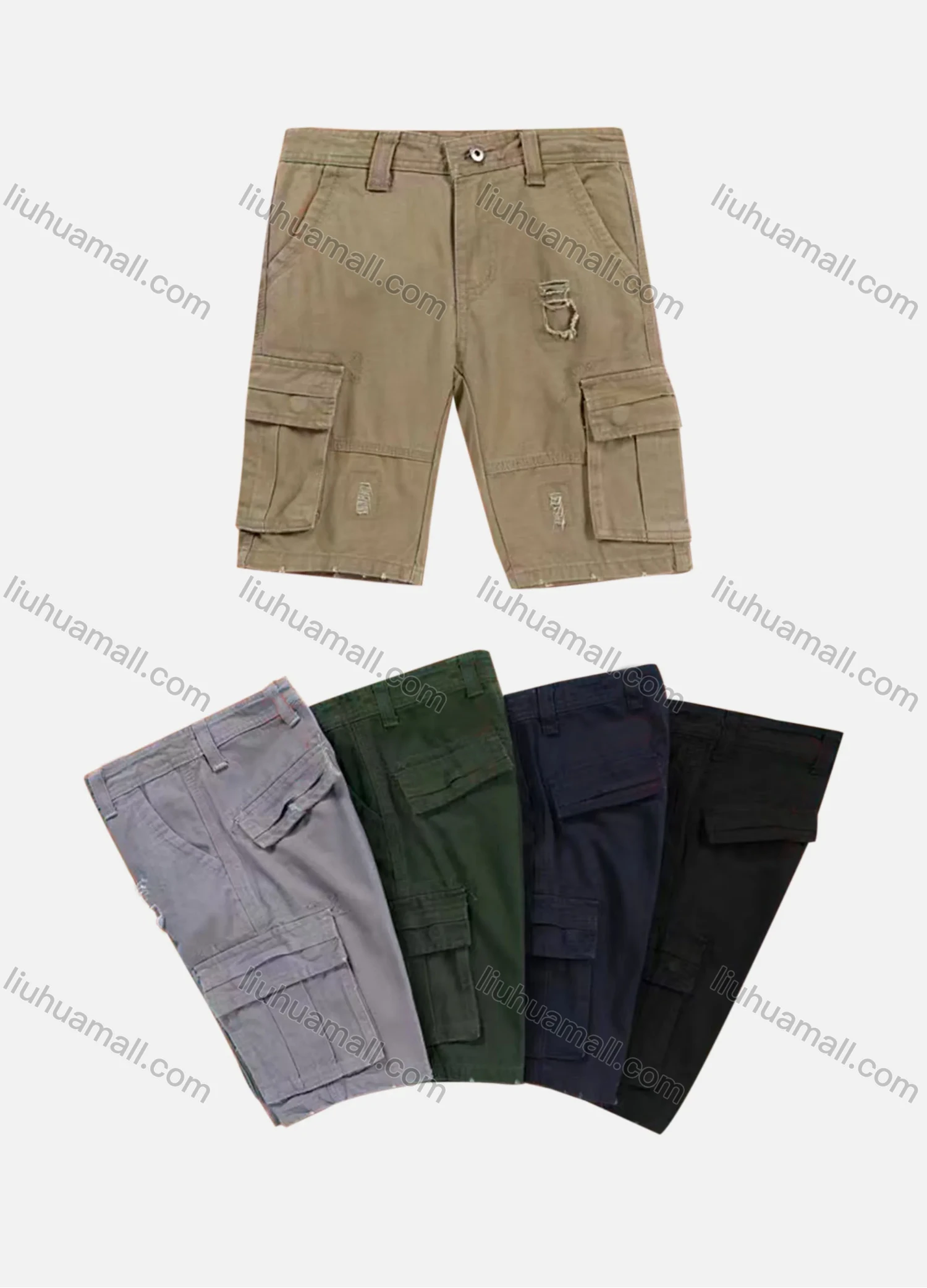 Wholesale Boys Casual Plain Button Closure Flap Pockets Ripped Cargo Shorts 58505# - Liuhuamall