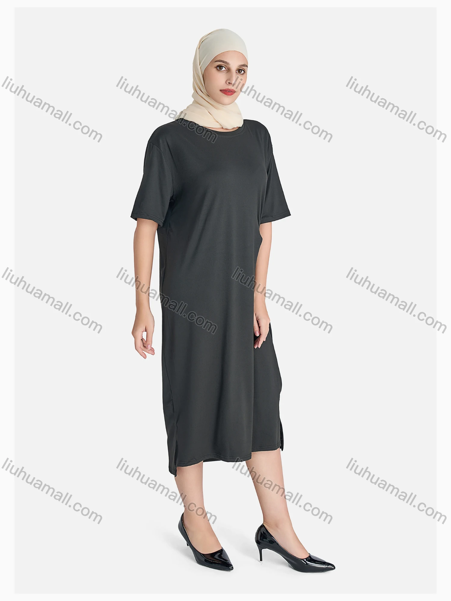 Wholesale Women's Casual Plain Crew Neck Split Side Dress Without Hijab - Liuhuamall