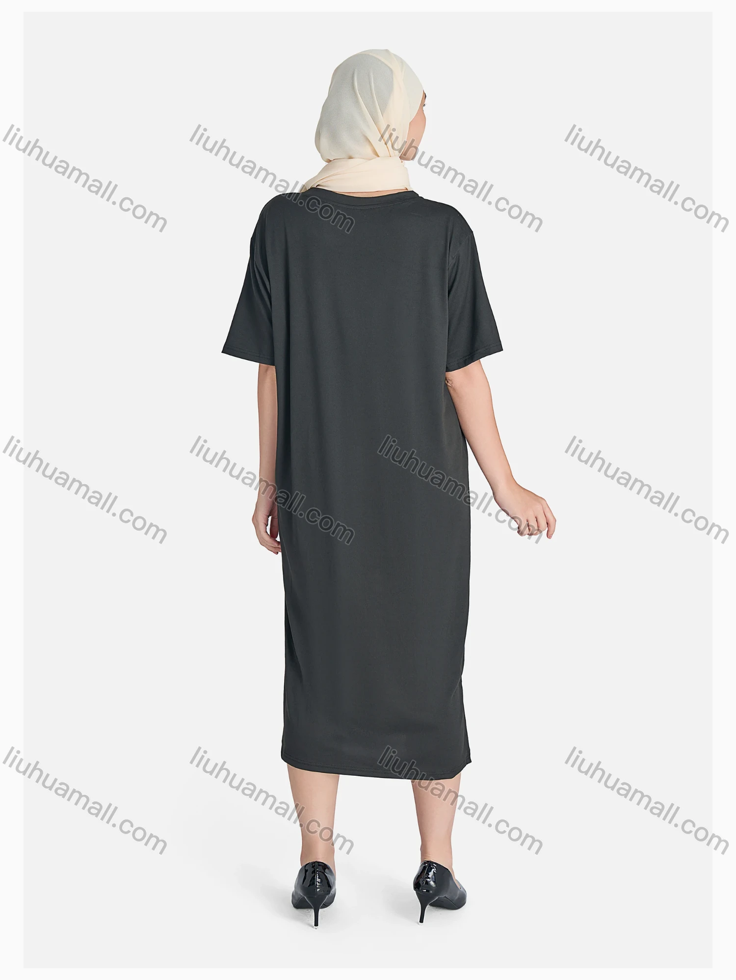 Wholesale Women's Casual Plain Crew Neck Split Side Dress Without Hijab - Liuhuamall