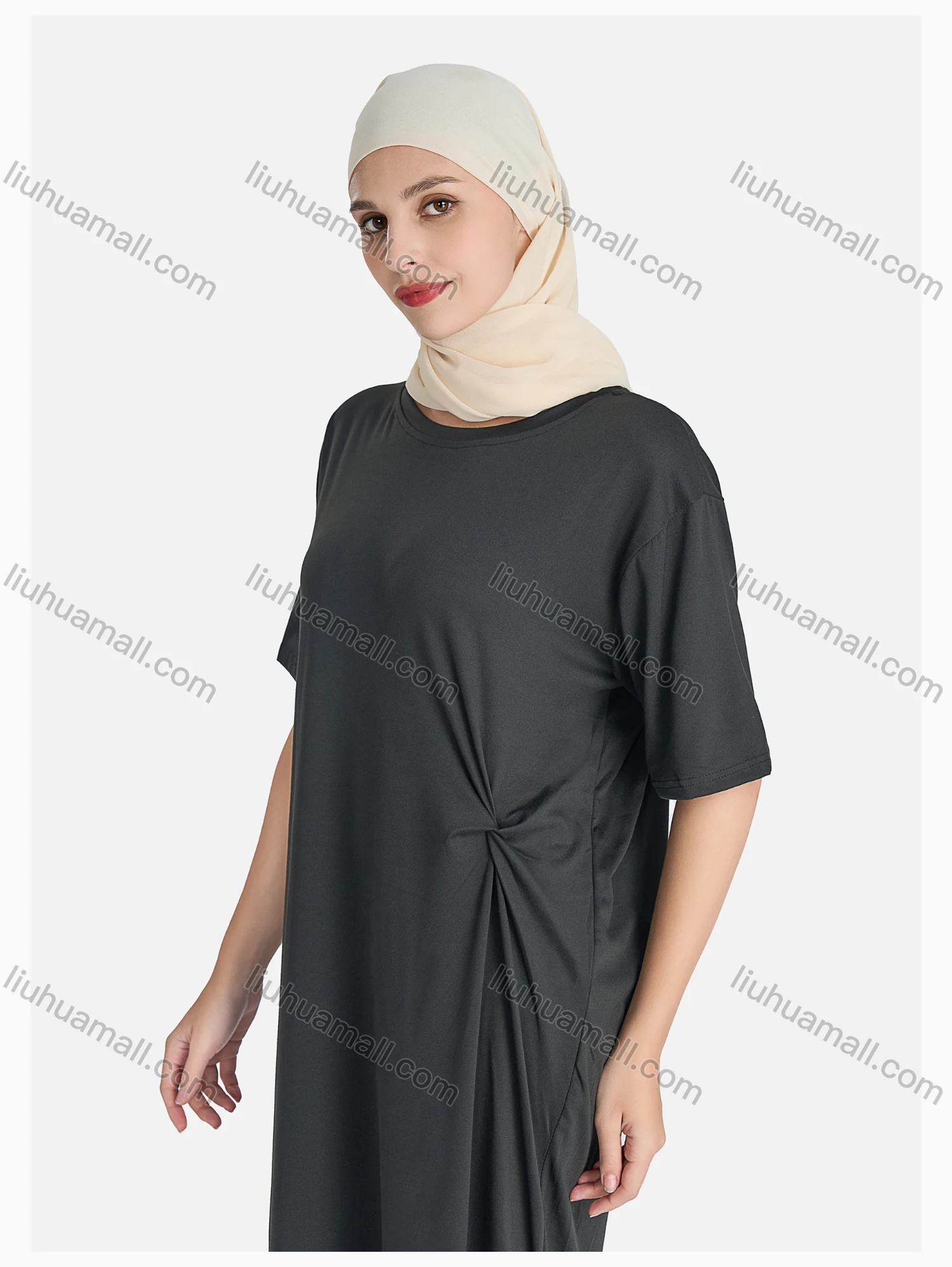 Wholesale Women's Casual Plain Crew Neck Split Side Dress Without Hijab - Liuhuamall