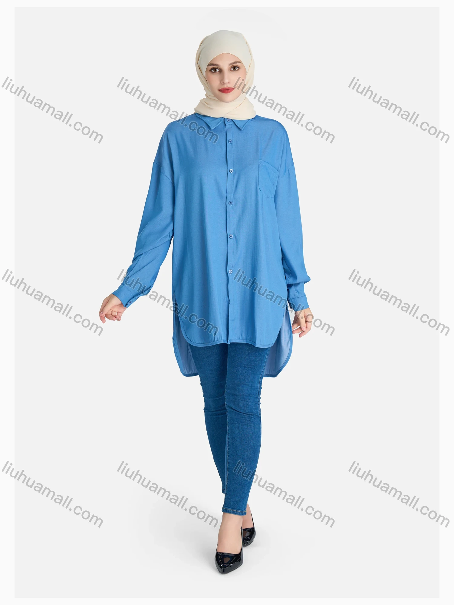 Wholesale Women's Casual High Low Hem Button Down Shirt Without Hijab - Liuhuamall