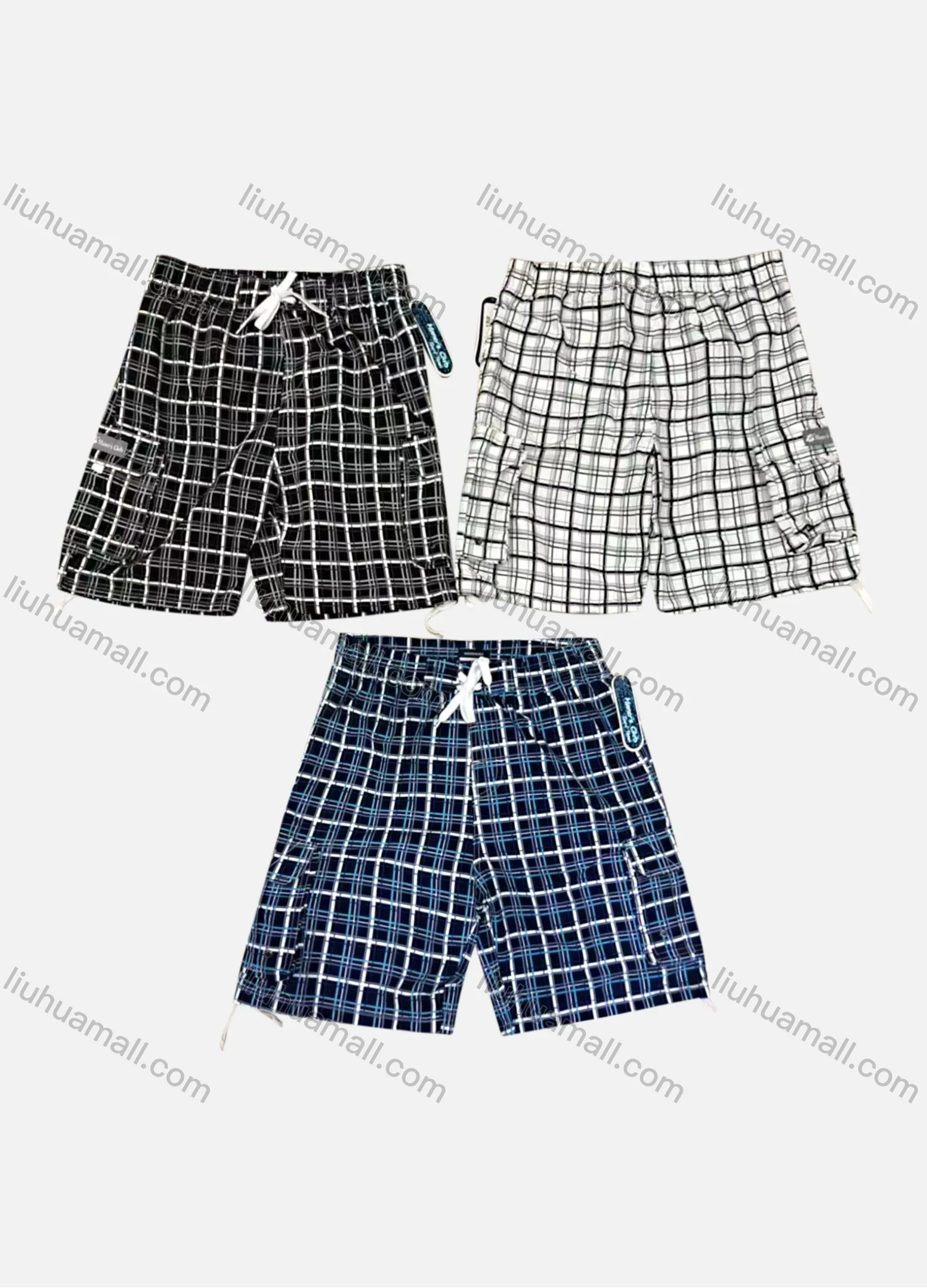 Wholesale Men's Casual Drawstring Plaid Print Flap Pockets Beach Shorts 152# - Liuhuamall