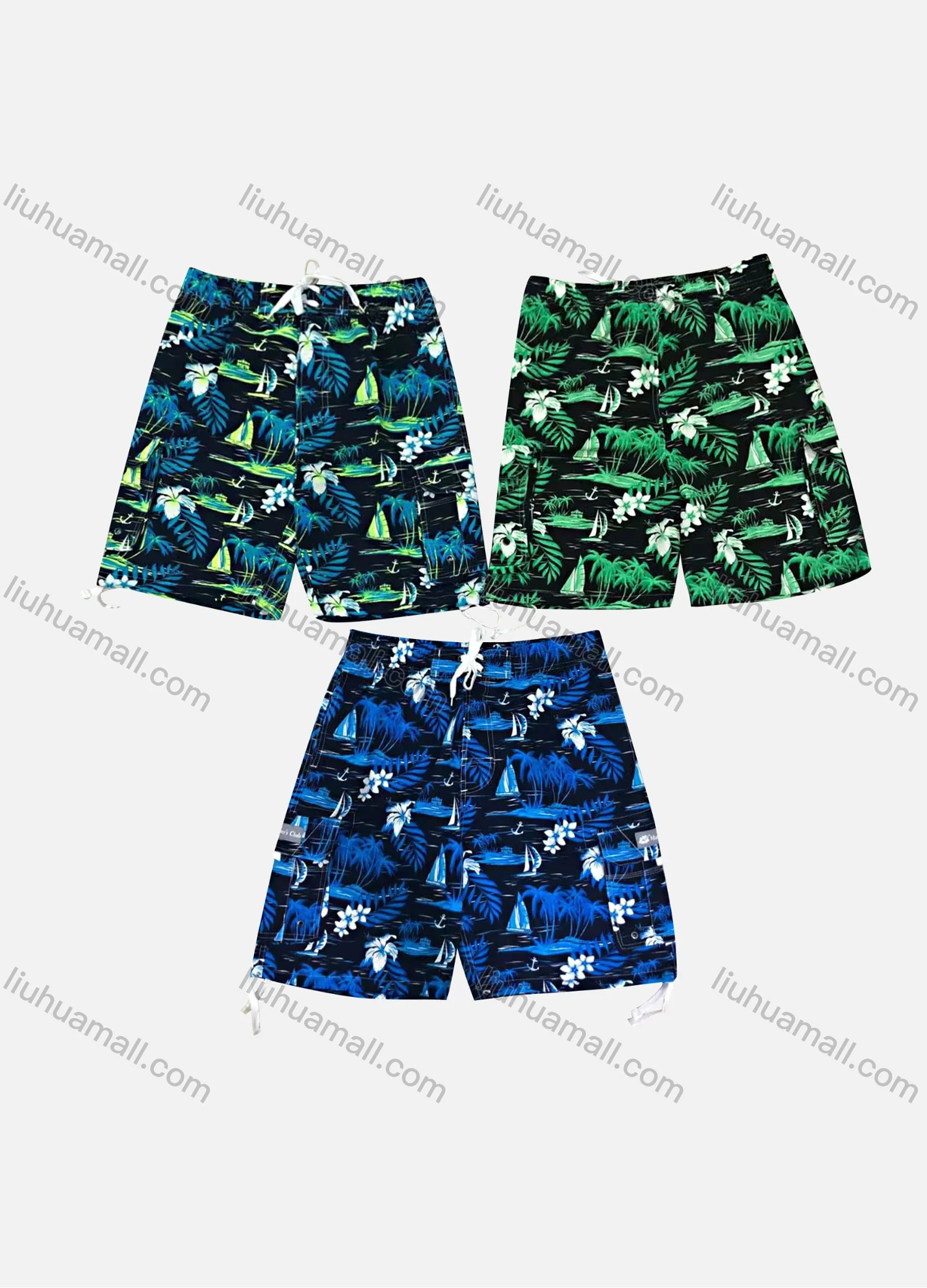 Wholesale Men's Tropical Plants Print Drawstring Flap Pockets Beach Shorts 182# - Liuhuamall
