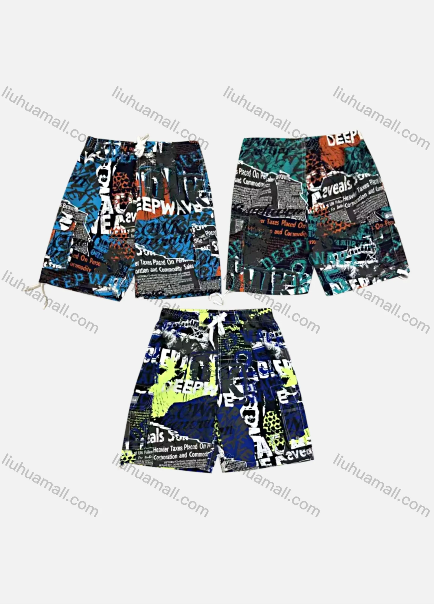 Wholesale Men's Casual Drawstring Poster Pattern Flap Pockets Shorts 180# - Liuhuamall