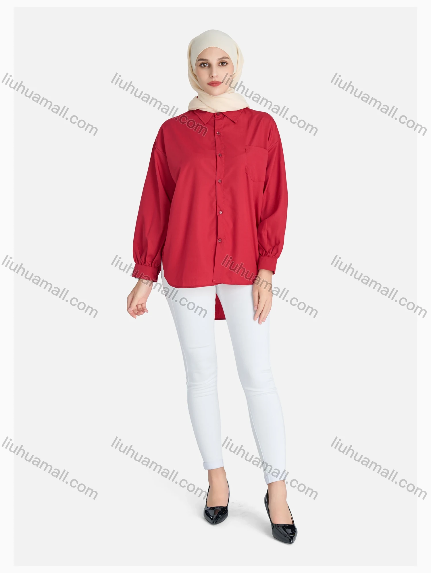 Wholesale Women's Casual High Low Hem Button Down Shirt Without Hijab - Liuhuamall