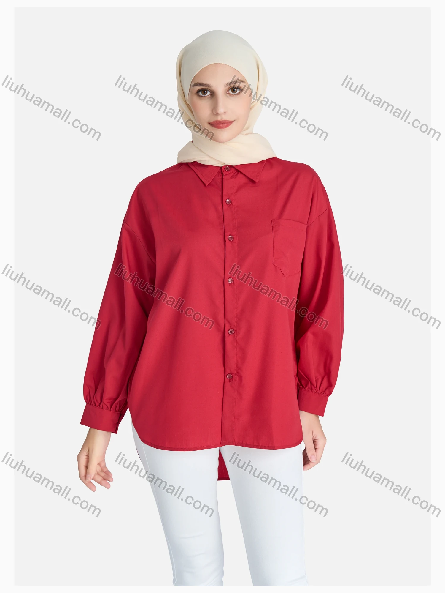 Wholesale Women's Casual High Low Hem Button Down Shirt Without Hijab - Liuhuamall