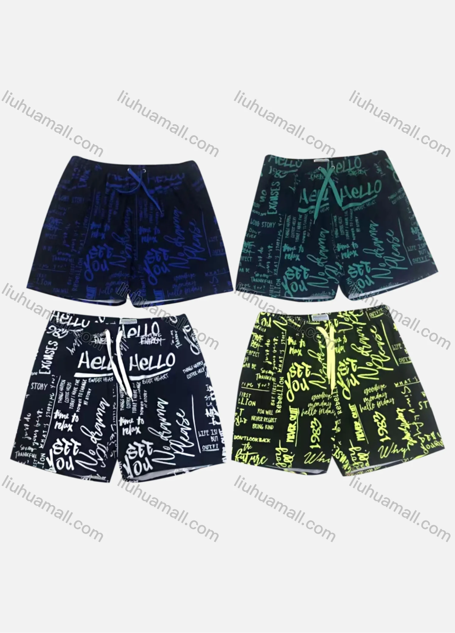 Wholesale Men's Casual Allover Letter Print Drawstring Beach Shorts 533# - Liuhuamall