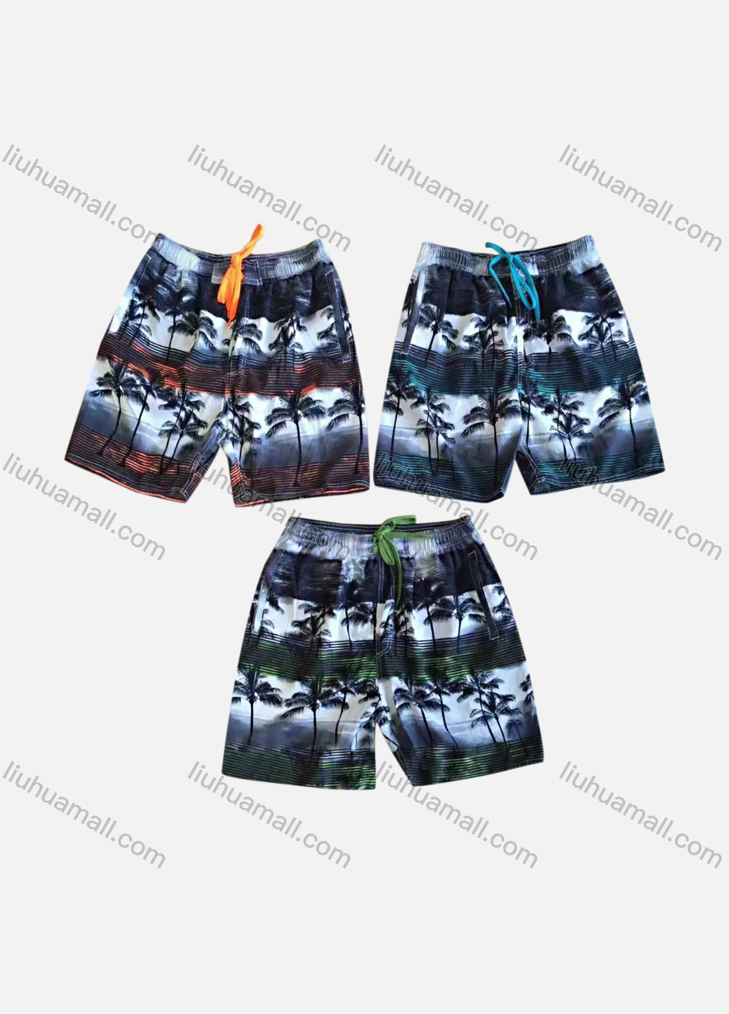 Wholesale Men's Tropical Plants Print Striped Drawstring Beach Shorts B5527# - Liuhuamall