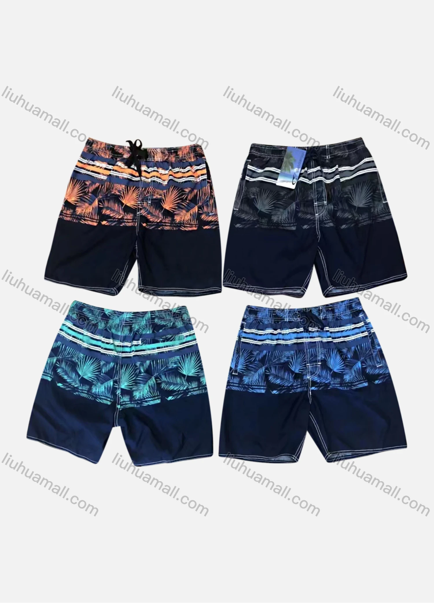 Wholesale Men's Tropical Plants Print Striped Colorblock Drawstring Shorts F5527# - Liuhuamall