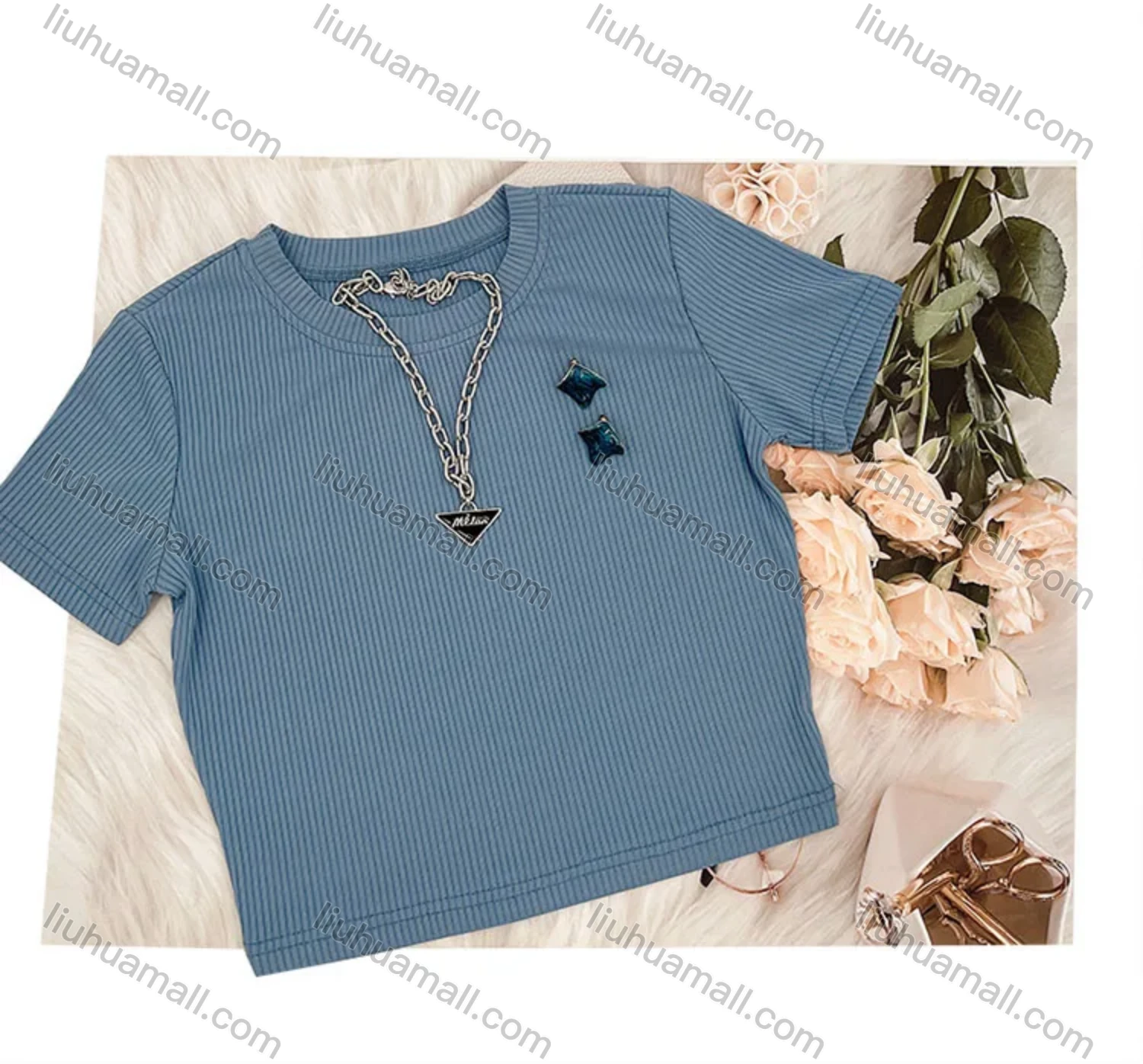 Wholesale Women's Casual Plain Slim Fit Round Neck Short Sleeve Crop Top & Drawstring High Waiist Pants 2 Piece Set 211071# - Liuhuamall