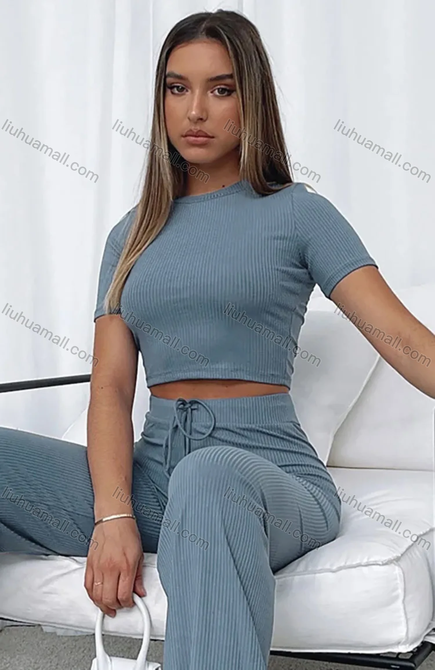 Wholesale Women's Casual Plain Slim Fit Round Neck Short Sleeve Crop Top & Drawstring High Waiist Pants 2 Piece Set 211071# - Liuhuamall