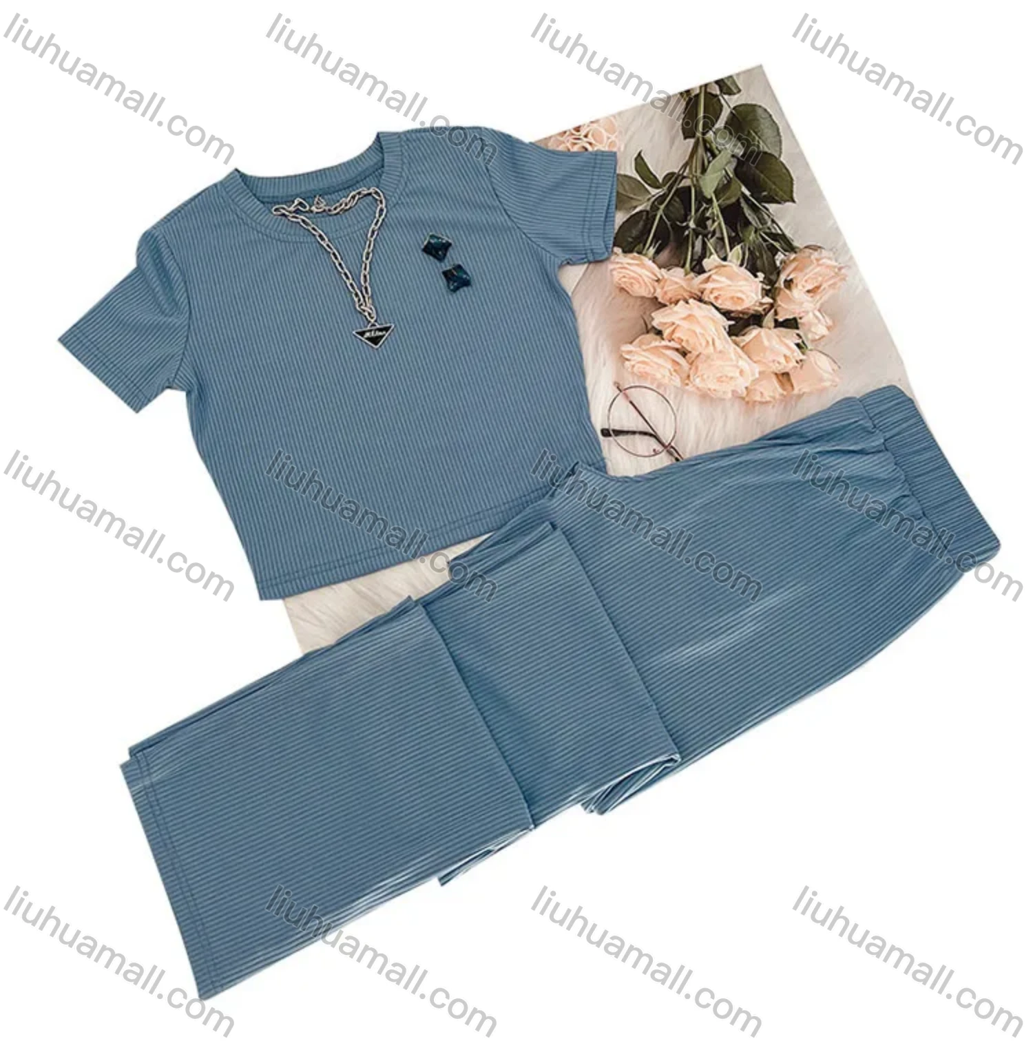 Wholesale Women's Casual Plain Slim Fit Round Neck Short Sleeve Crop Top & Drawstring High Waiist Pants 2 Piece Set 211071# - Liuhuamall