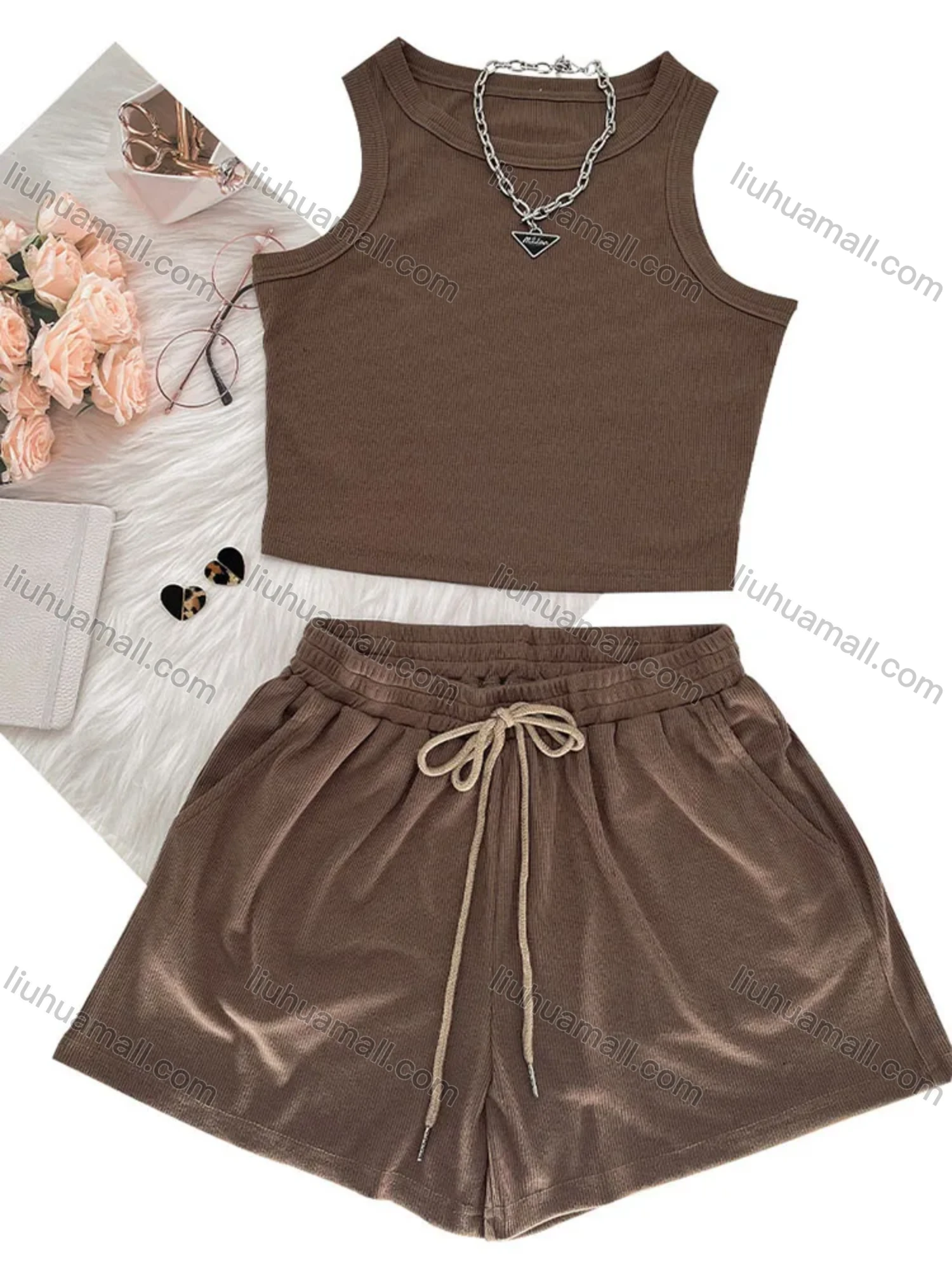 Wholesale Women's Casual Plain Round Neck Crop Tank Top & Drawstring Pockets Short 2 Piece Set 211071# - Liuhuamall