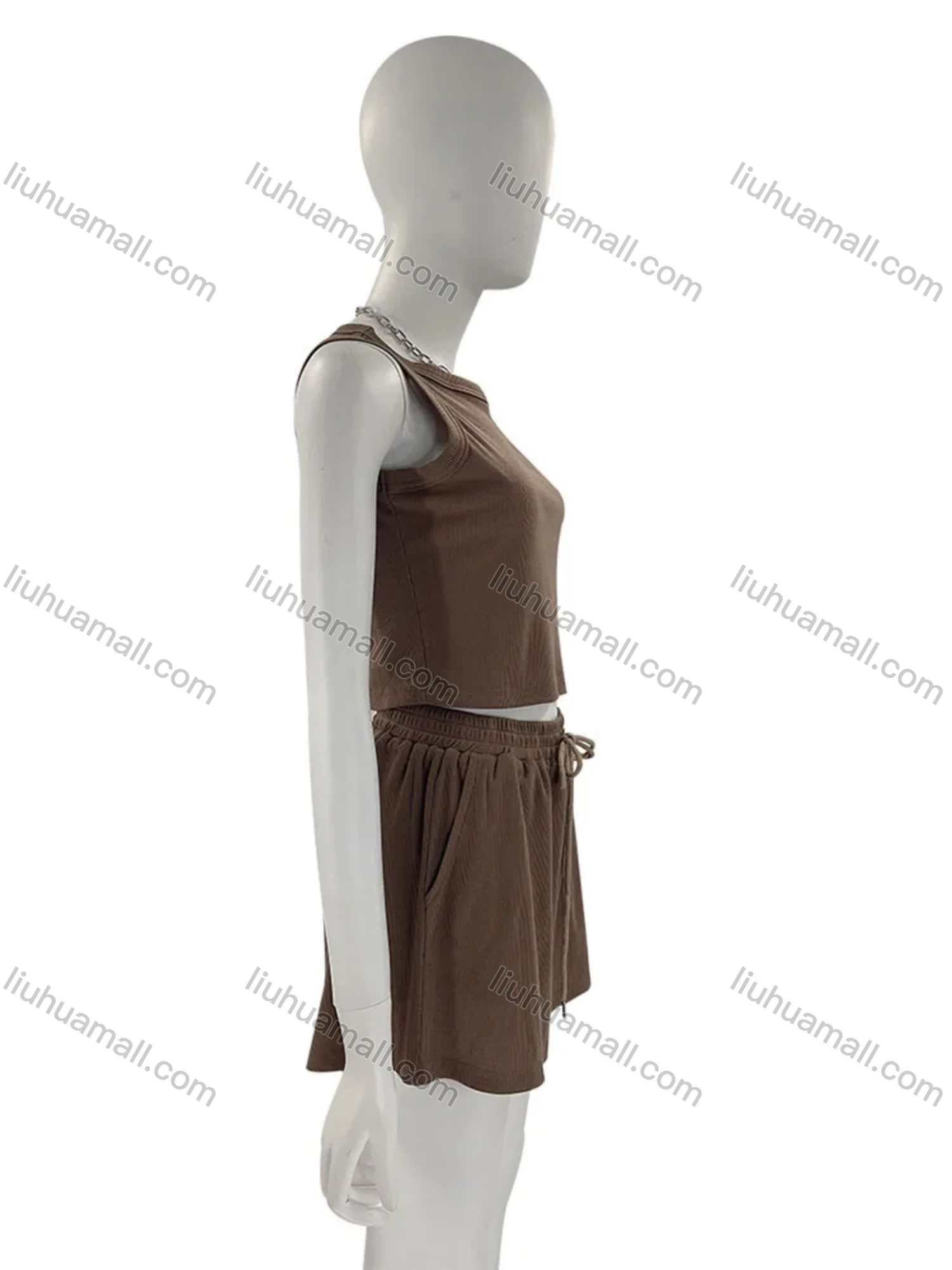 Wholesale Women's Casual Plain Round Neck Crop Tank Top & Drawstring Pockets Short 2 Piece Set 211071# - Liuhuamall