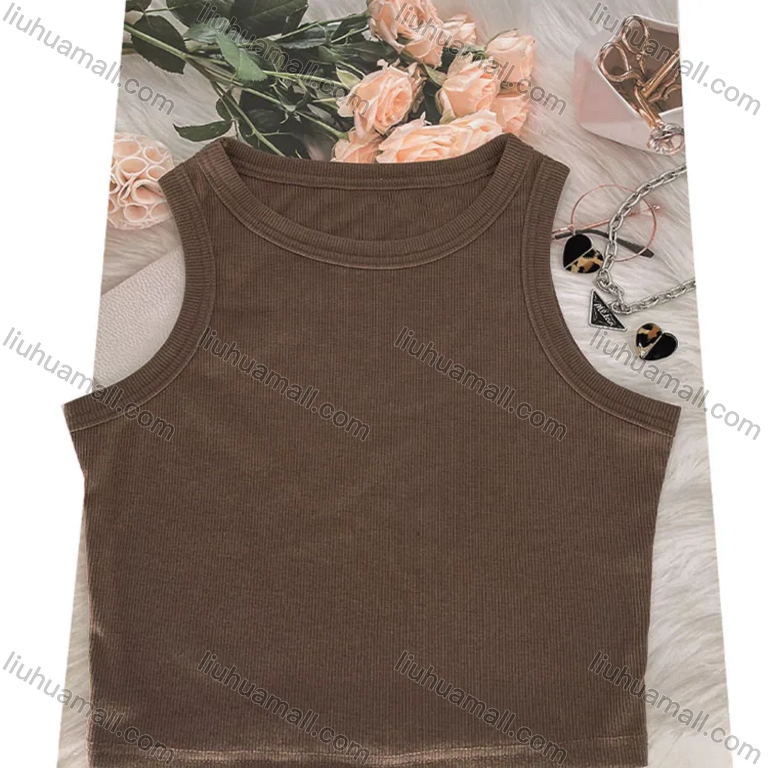 Wholesale Women's Casual Plain Round Neck Crop Tank Top & Drawstring Pockets Short 2 Piece Set 211071# - Liuhuamall