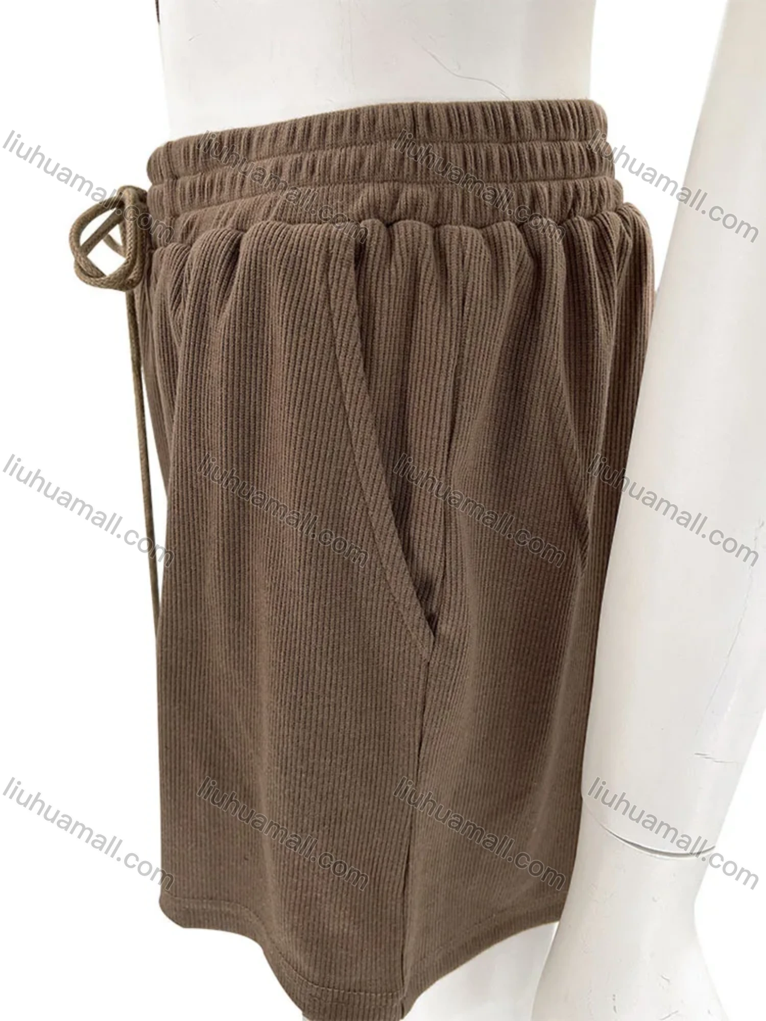 Wholesale Women's Casual Plain Round Neck Crop Tank Top & Drawstring Pockets Short 2 Piece Set 211071# - Liuhuamall