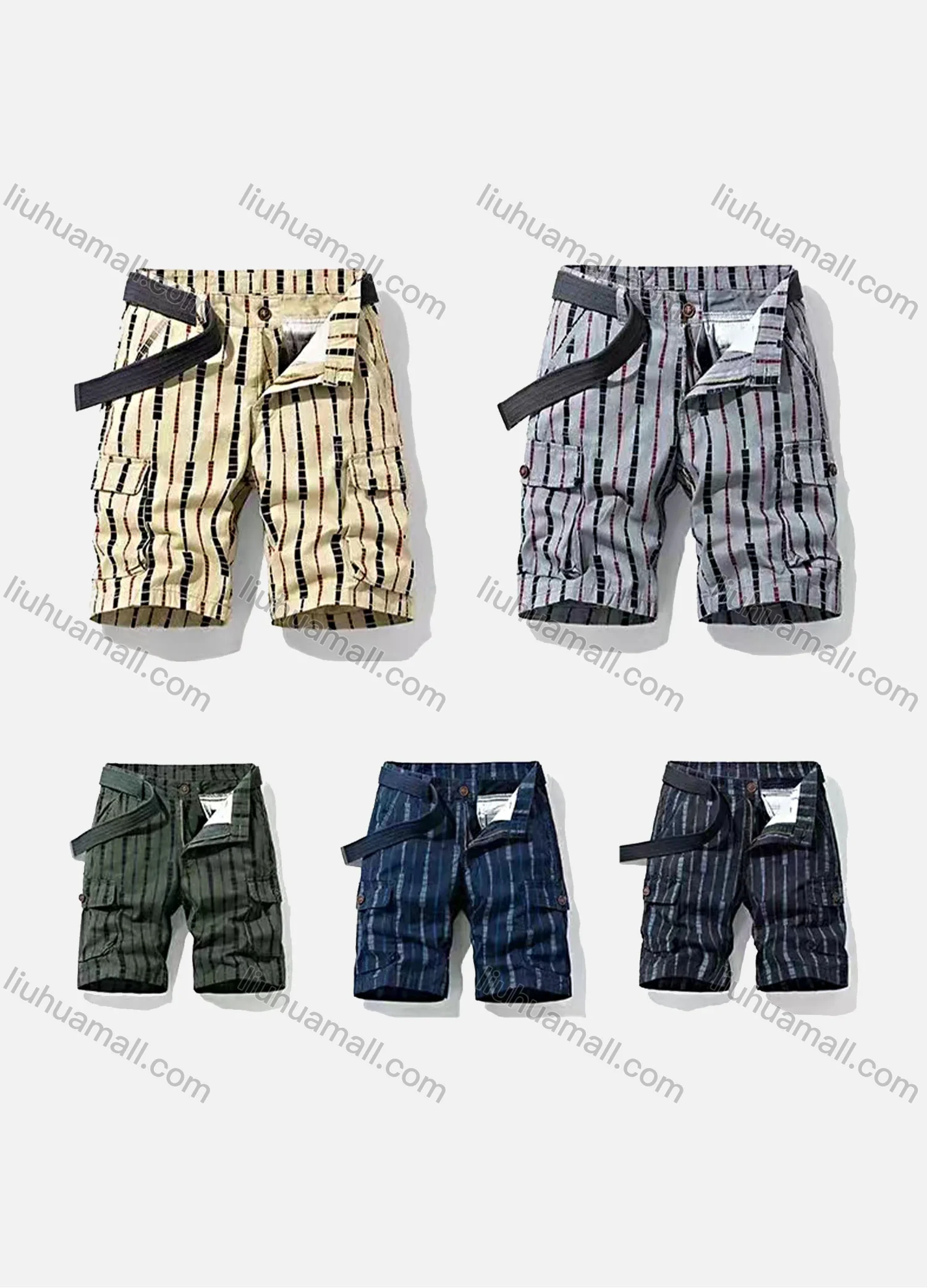 Wholesale Men's Casual Vertical Stripe Flap Pockets Cargo Shorts With Belt 28202# - Liuhuamall