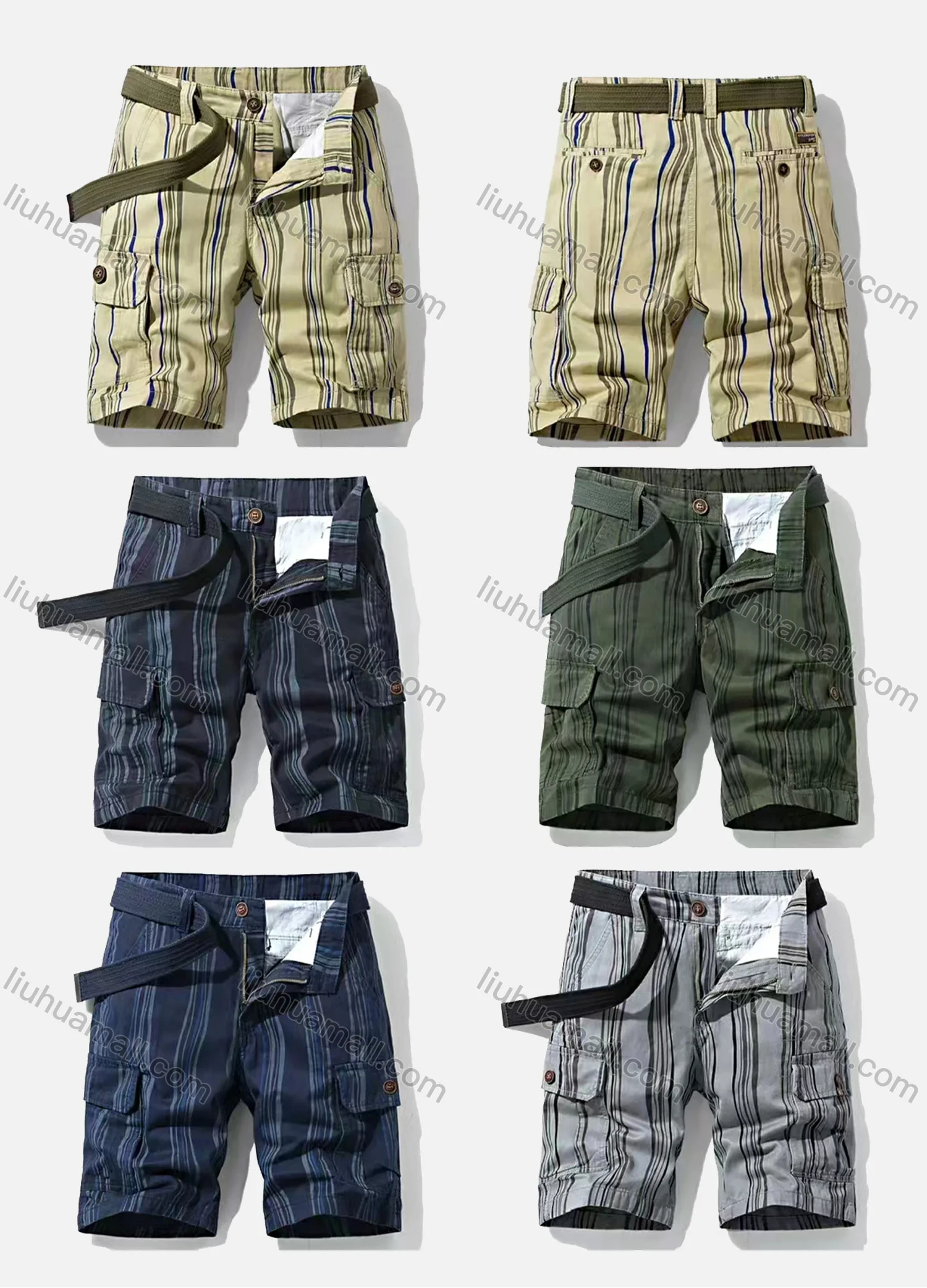 Wholesale Men's Casual Vertical Stripe Flap Pockets Cargo Shorts With Belt 28251# - Liuhuamall