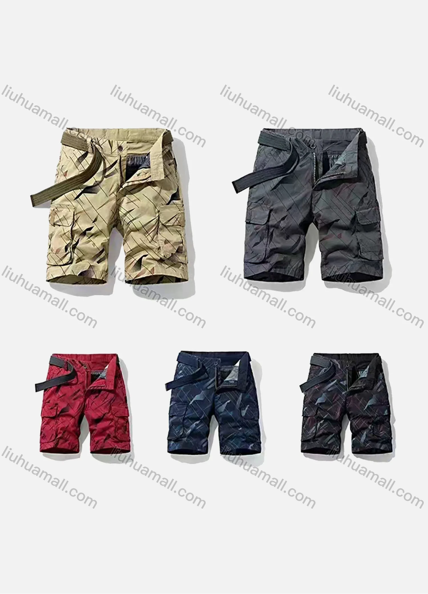 Wholesale Men's Casual Line Print Flap Pockets Cargo Shorts With Belt 28202# - Liuhuamall