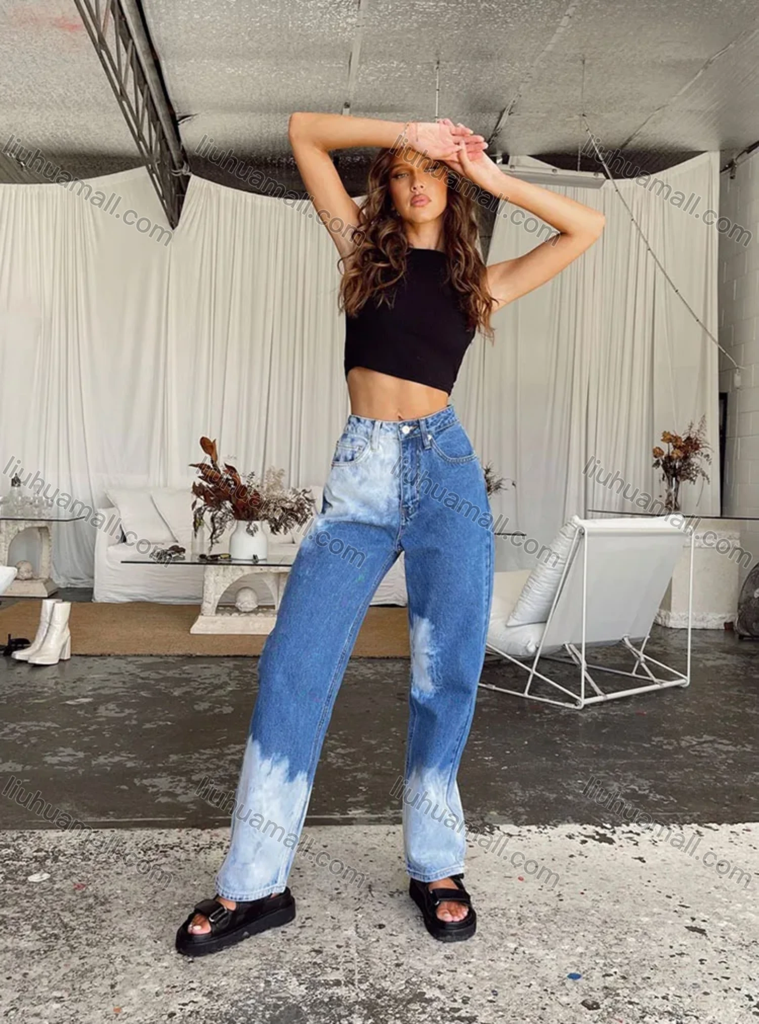 Wholesale Women's Casual Distressed Pockets High Waist Denim Pants 2021941# - Liuhuamall