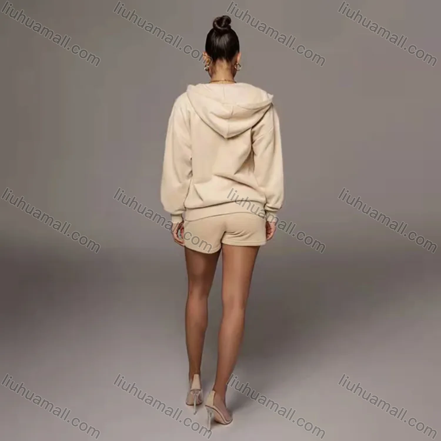 Wholesale Women's Casual Plain Long Sleeve Hoodie & Drawstring Shorts 2 Piece Set 2021960# - Liuhuamall