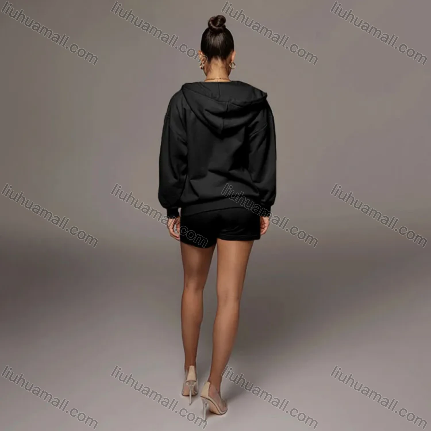Wholesale Women's Casual Plain Long Sleeve Hoodie & Drawstring Shorts 2 Piece Set 2021960# - Liuhuamall