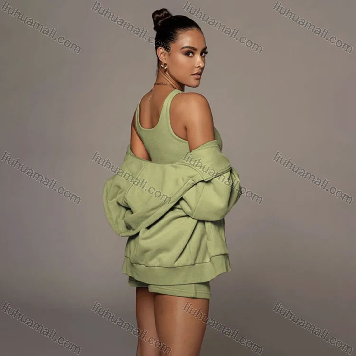 Wholesale Women's Casual Plain Long Sleeve Hoodie & Drawstring Shorts 2 Piece Set 2021960# - Liuhuamall