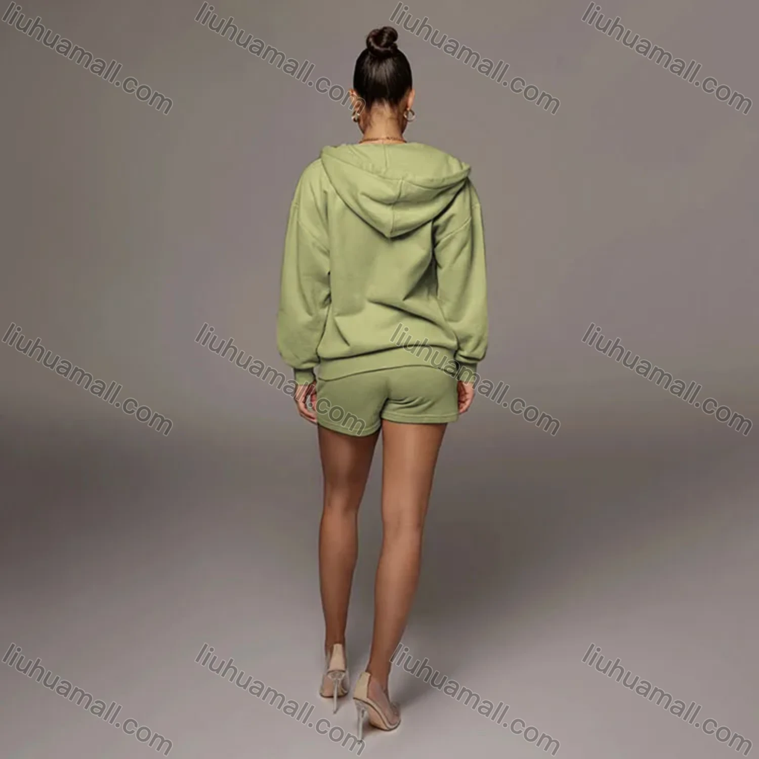 Wholesale Women's Casual Plain Long Sleeve Hoodie & Drawstring Shorts 2 Piece Set 2021960# - Liuhuamall