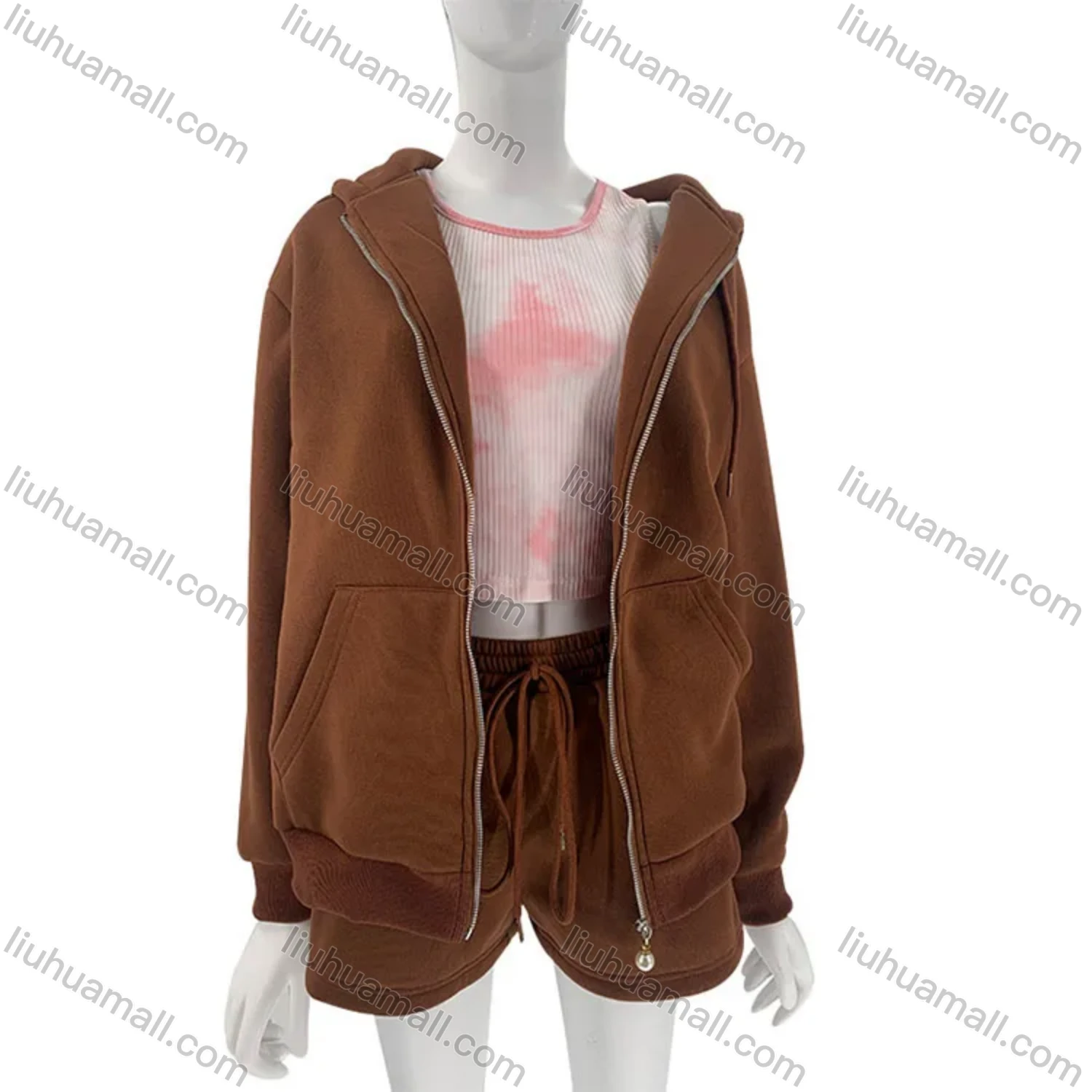 Wholesale Women's Casual Plain Long Sleeve Hoodie & Drawstring Shorts 2 Piece Set 2021960# - Liuhuamall