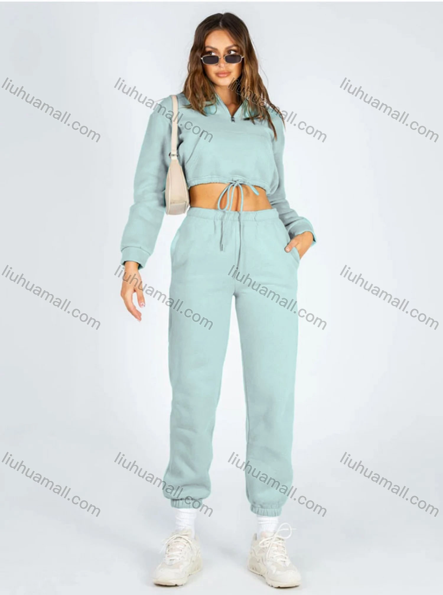 Wholesale Women's Casual Plain Zipper Drawstring Crop Plush Sweatshirt & High Waist Drawstring Pants 2 Piece Set 2021988# - Liuhuamall