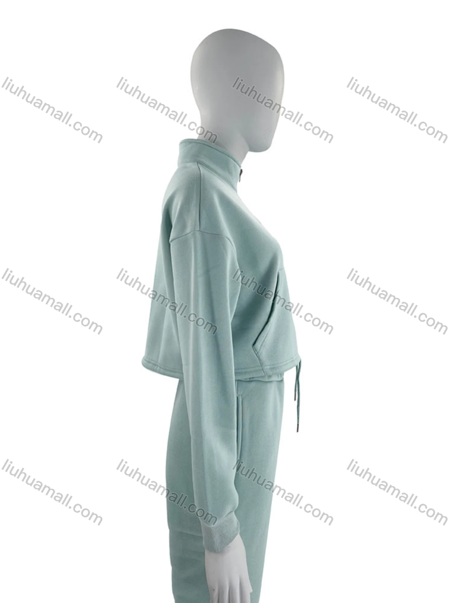 Wholesale Women's Casual Plain Zipper Drawstring Crop Plush Sweatshirt & High Waist Drawstring Pants 2 Piece Set 2021988# - Liuhuamall