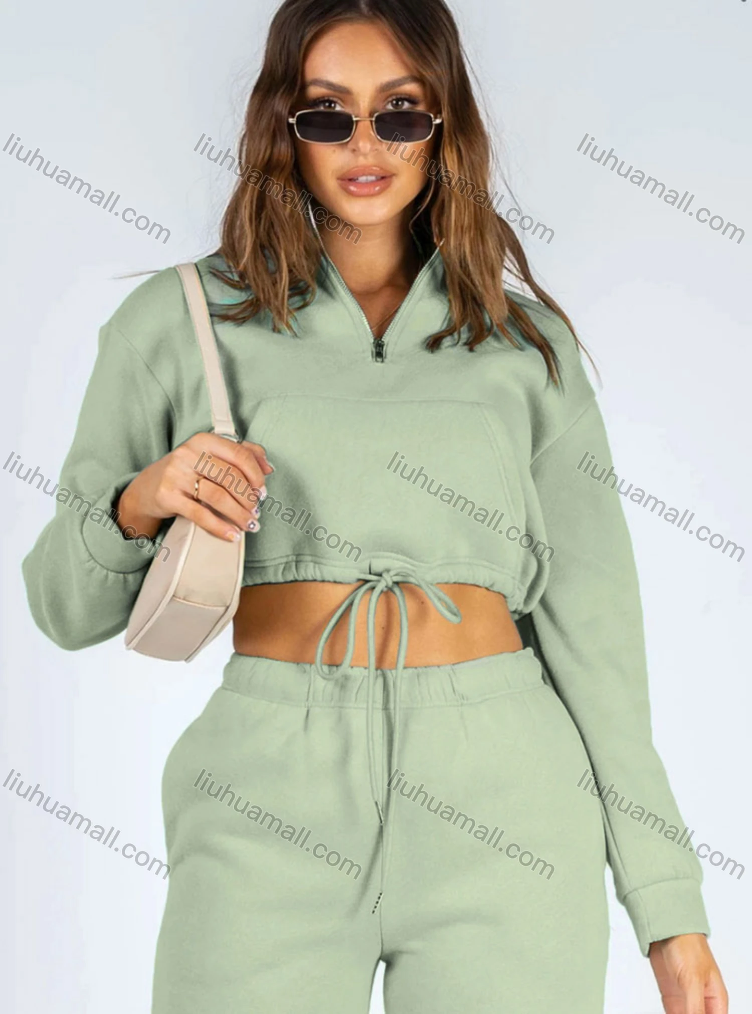 Wholesale Women's Casual Plain Zipper Drawstring Crop Plush Sweatshirt & High Waist Drawstring Pants 2 Piece Set 2021988# - Liuhuamall