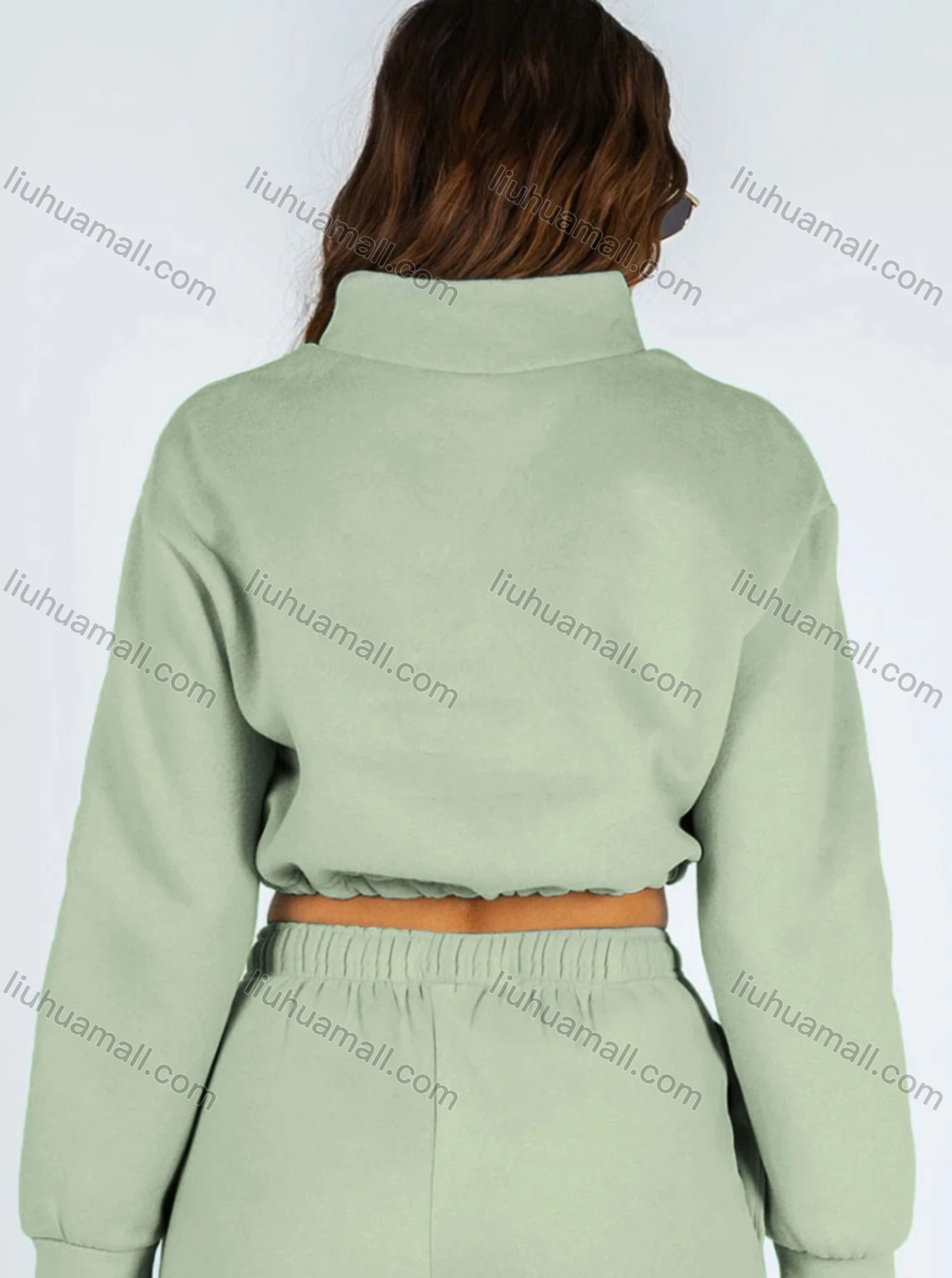 Wholesale Women's Casual Plain Zipper Drawstring Crop Plush Sweatshirt & High Waist Drawstring Pants 2 Piece Set 2021988# - Liuhuamall