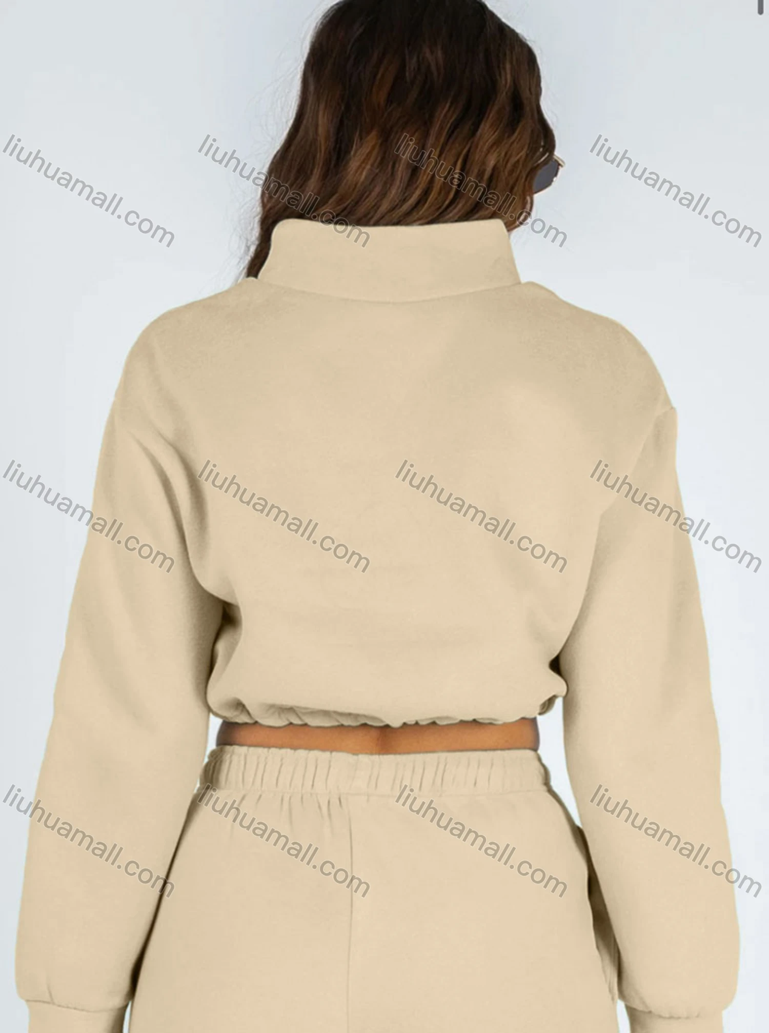 Wholesale Women's Casual Plain Zipper Drawstring Crop Plush Sweatshirt & High Waist Drawstring Pants 2 Piece Set 2021988# - Liuhuamall