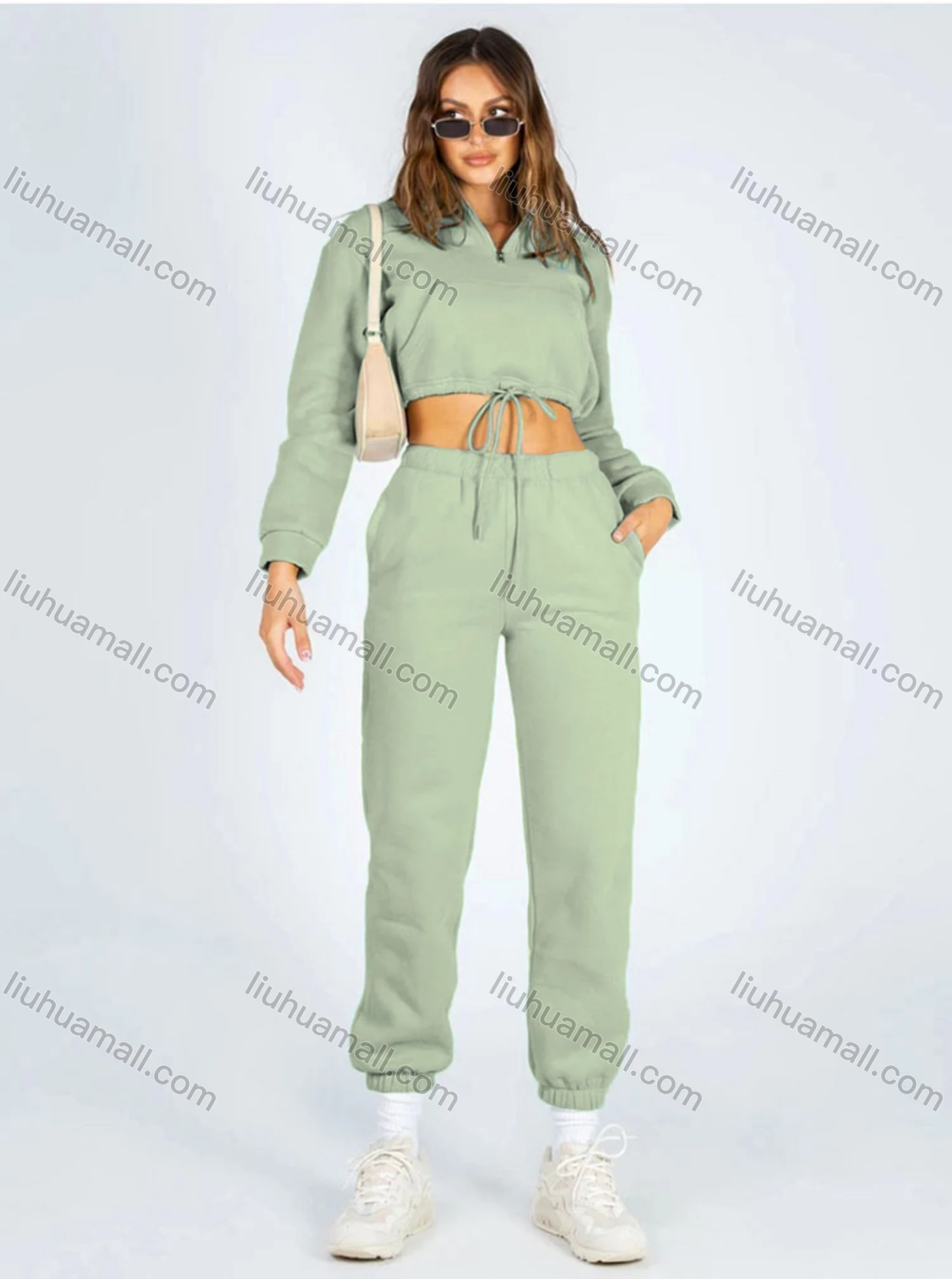 Wholesale Women's Casual Plain Zipper Drawstring Crop Plush Sweatshirt & High Waist Drawstring Pants 2 Piece Set 2021988# - Liuhuamall