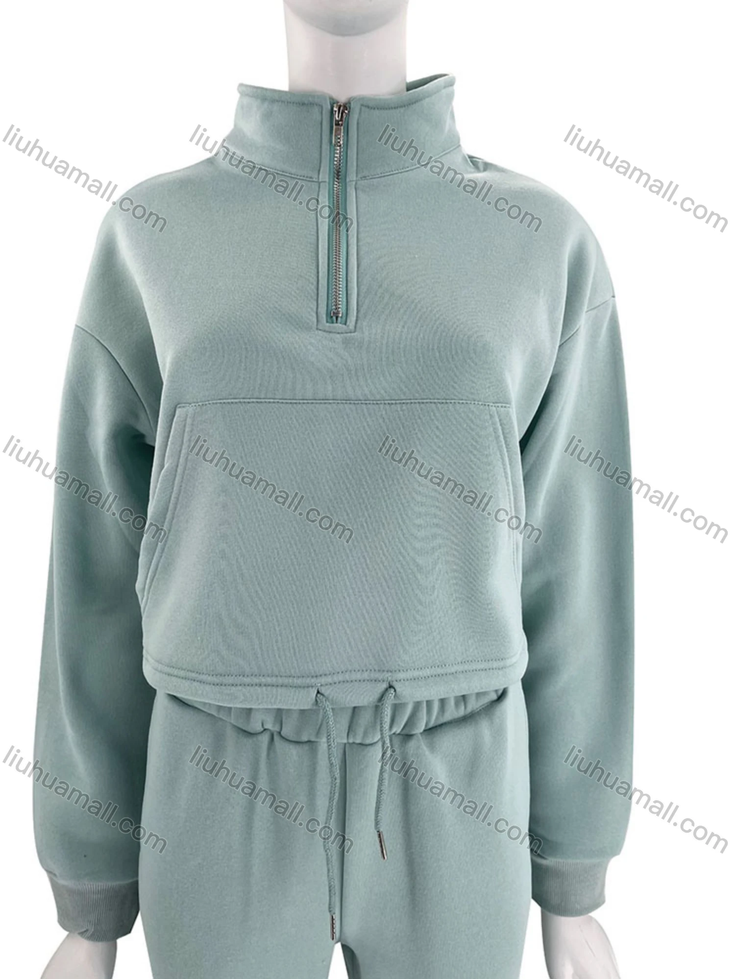 Wholesale Women's Casual Plain Zipper Drawstring Crop Plush Sweatshirt & High Waist Drawstring Pants 2 Piece Set 2021988# - Liuhuamall
