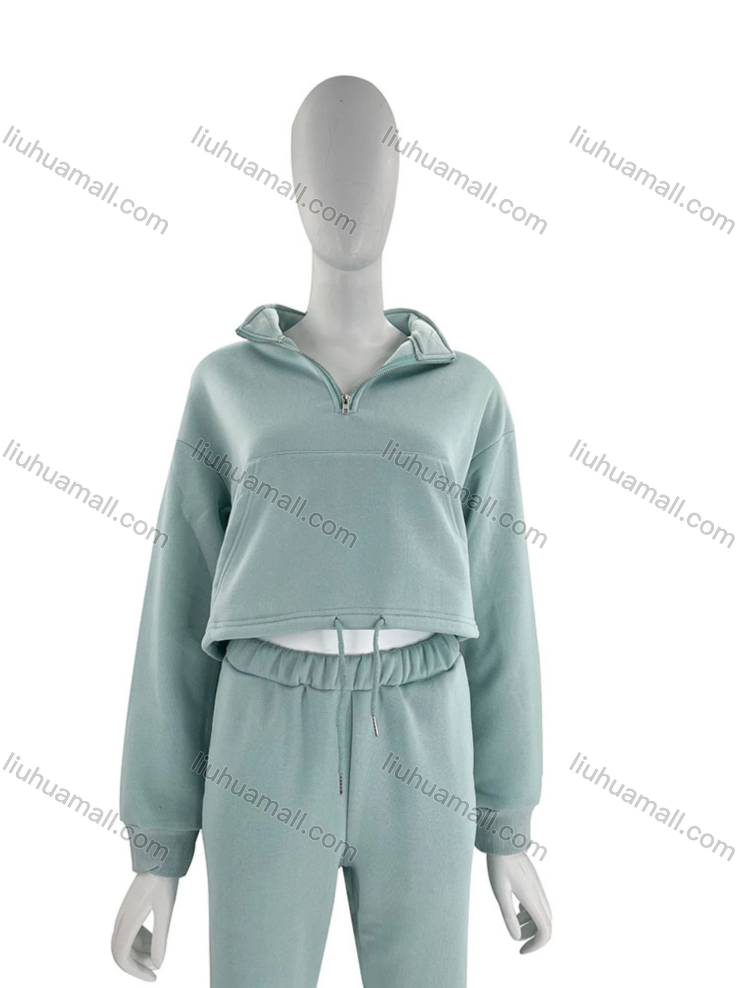 Wholesale Women's Casual Plain Zipper Drawstring Crop Plush Sweatshirt & High Waist Drawstring Pants 2 Piece Set 2021988# - Liuhuamall