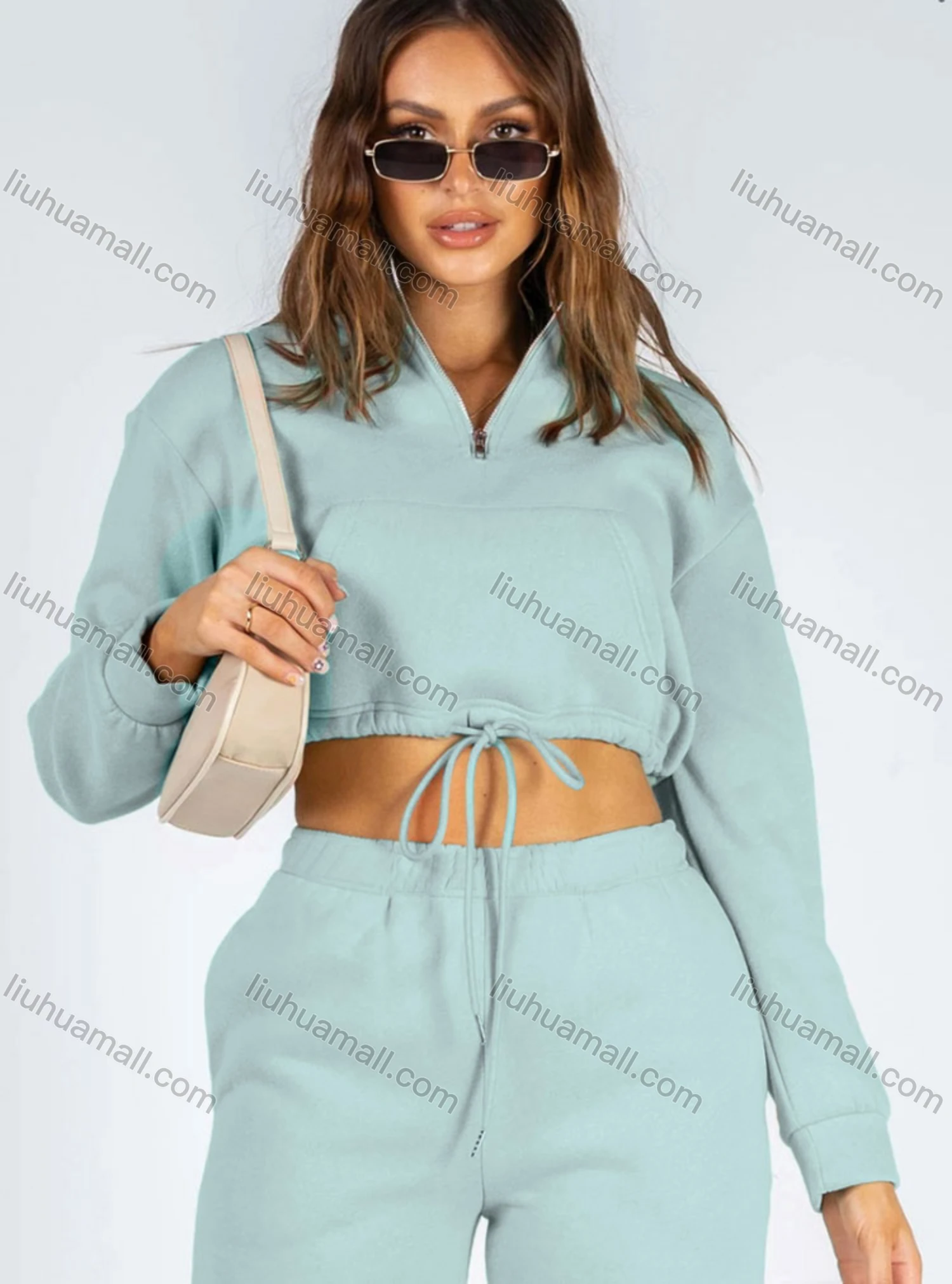 Wholesale Women's Casual Plain Zipper Drawstring Crop Plush Sweatshirt & High Waist Drawstring Pants 2 Piece Set 2021988# - Liuhuamall