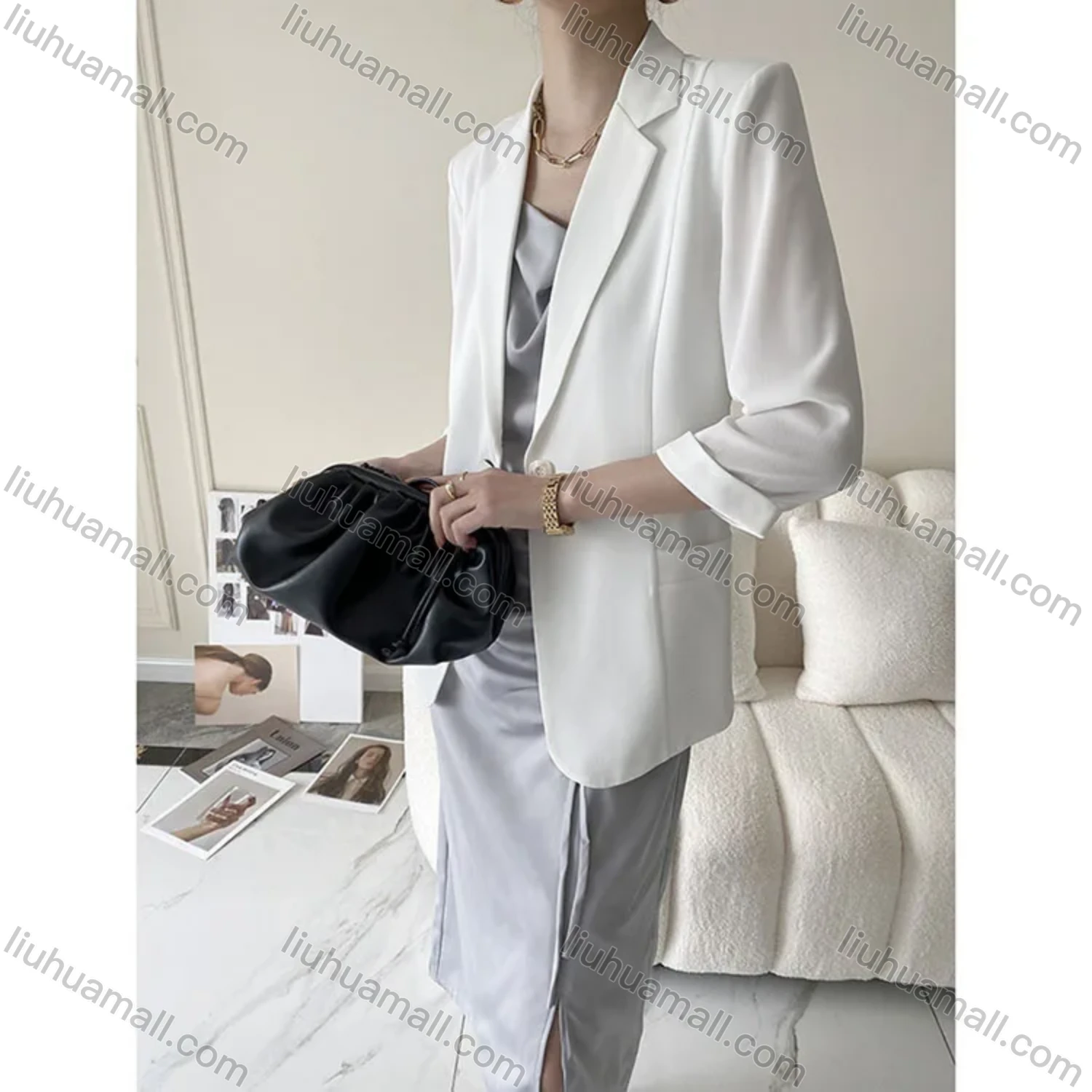 Wholesale Women's Plain Lapel 3/4 Sleeve One Button Patch Pockets Suit Jacket SN0281# - Liuhuamall