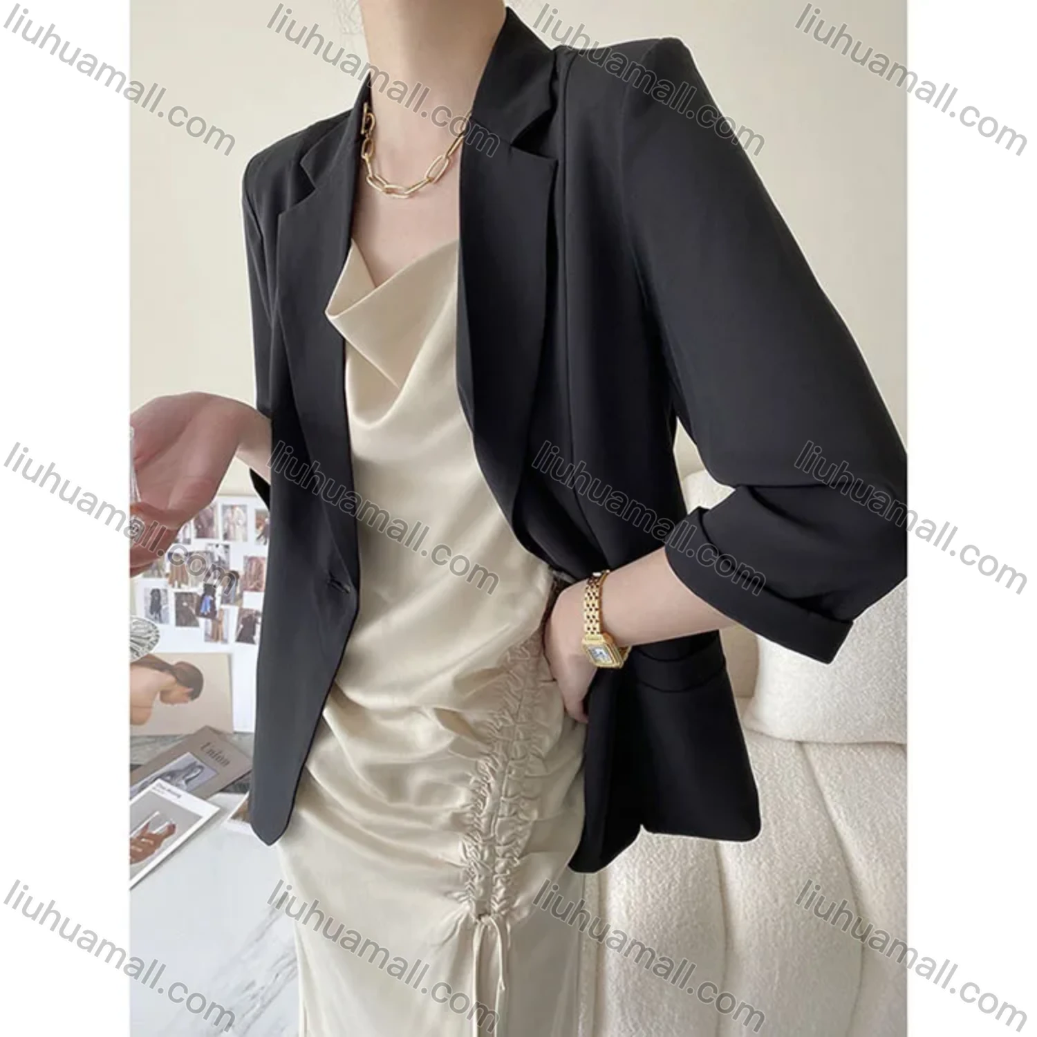 Wholesale Women's Plain Lapel 3/4 Sleeve One Button Patch Pockets Suit Jacket SN0281# - Liuhuamall