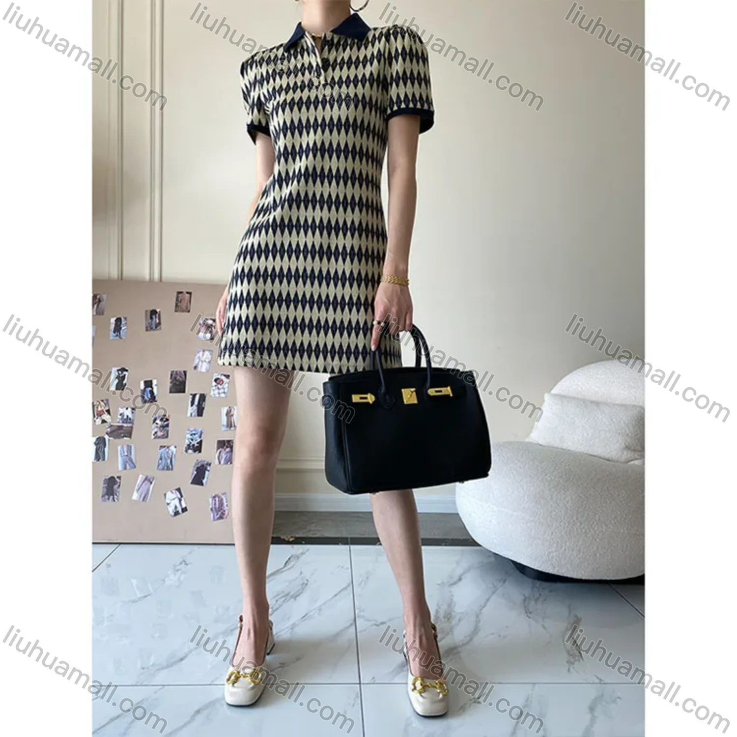 Wholesale Women's Casual Diamond Print Short Sleeve Short Dress SN375# - Liuhuamall