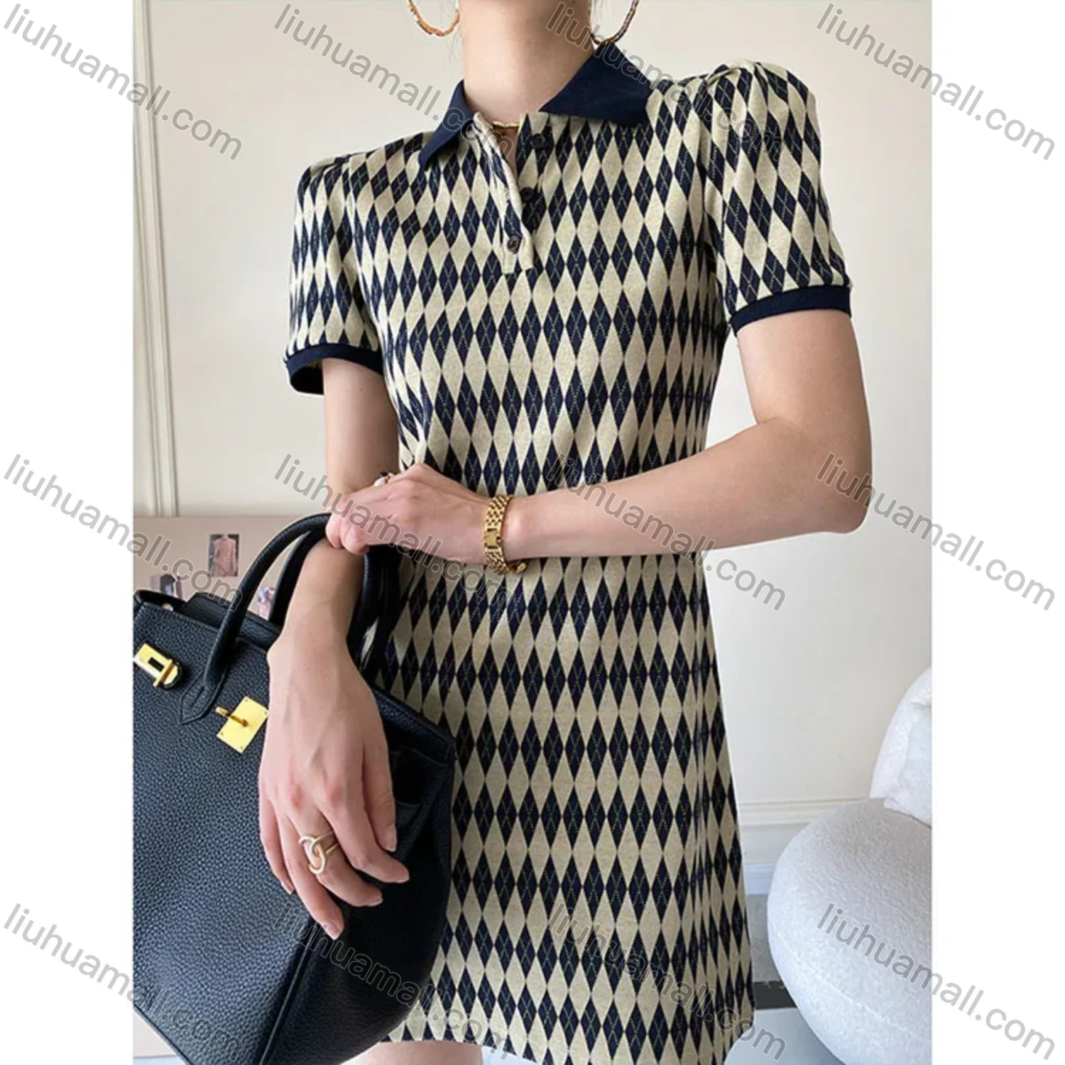 Wholesale Women's Casual Diamond Print Short Sleeve Short Dress SN375# - Liuhuamall