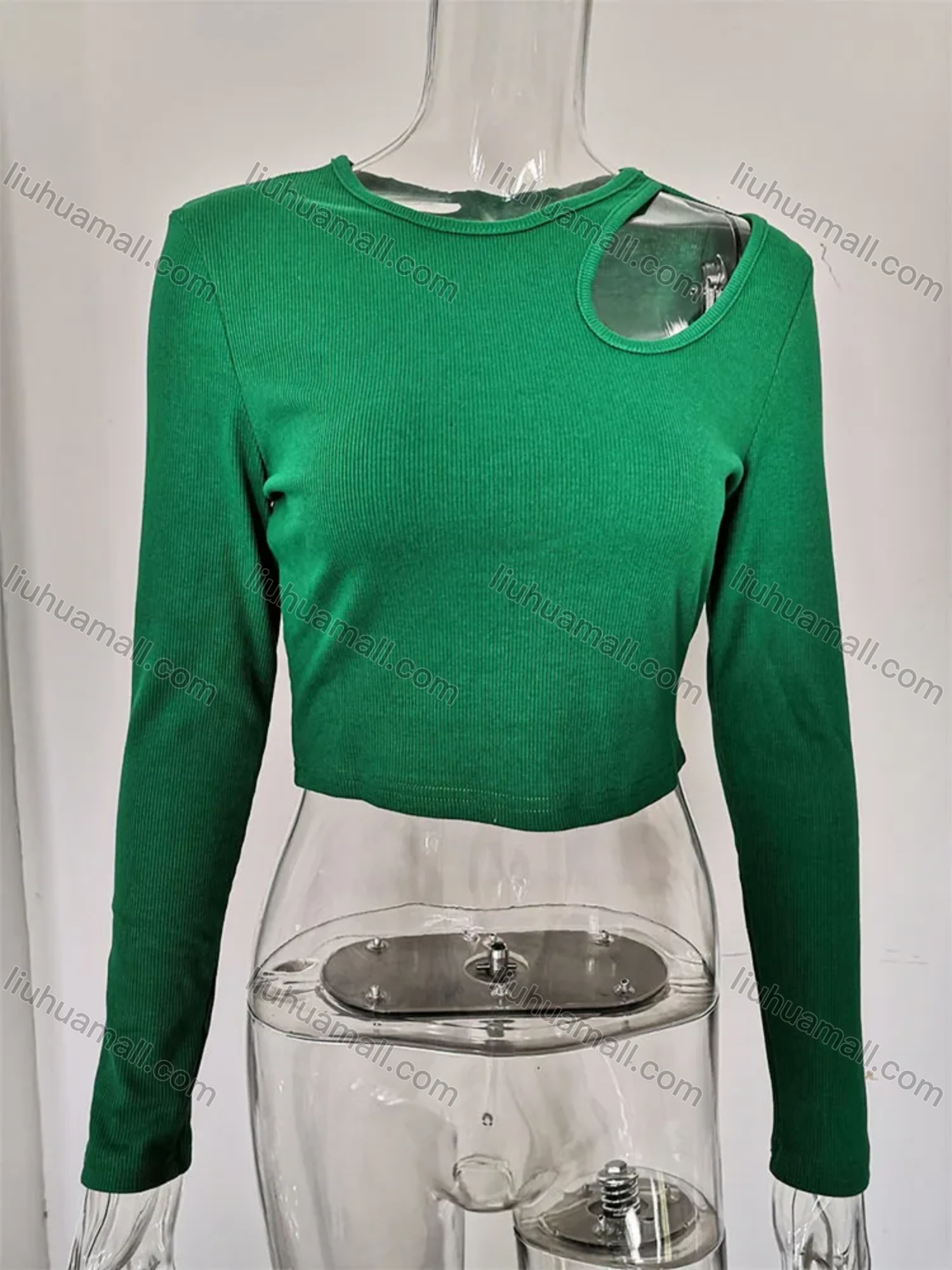 Wholesale Women's Casual Plain Round Neck Cut Out Long Sleeve Slim Fit Crop Blouse 29454# - Liuhuamall