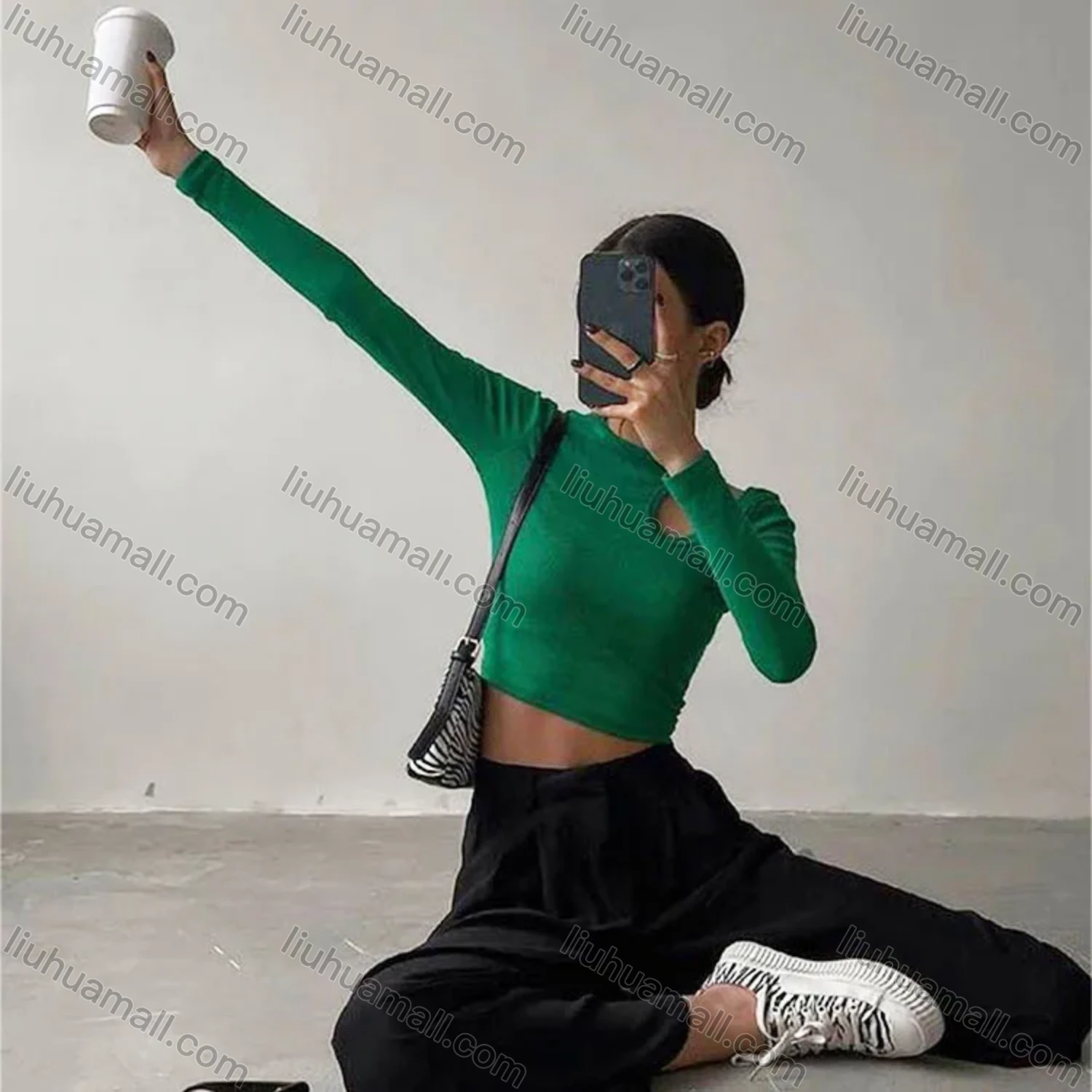 Wholesale Women's Casual Plain Round Neck Cut Out Long Sleeve Slim Fit Crop Blouse 29454# - Liuhuamall