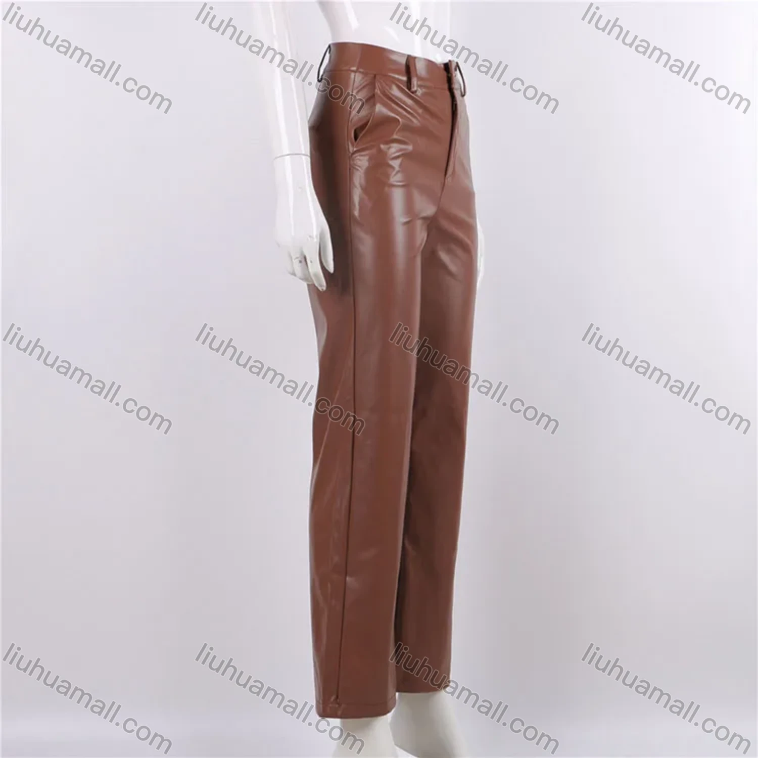 Wholesale Women's Casual Plain High Waist PU Leather Wide Leg Pants S050# - Liuhuamall