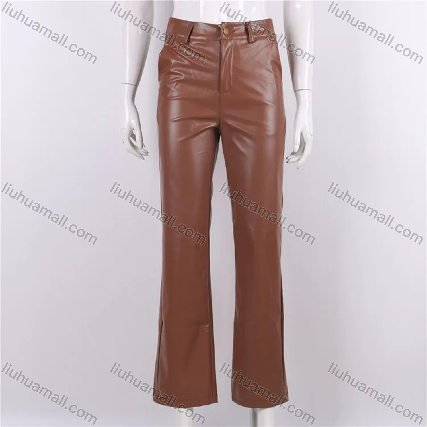 Wholesale Women's Casual Plain High Waist PU Leather Wide Leg Pants S050# - Liuhuamall