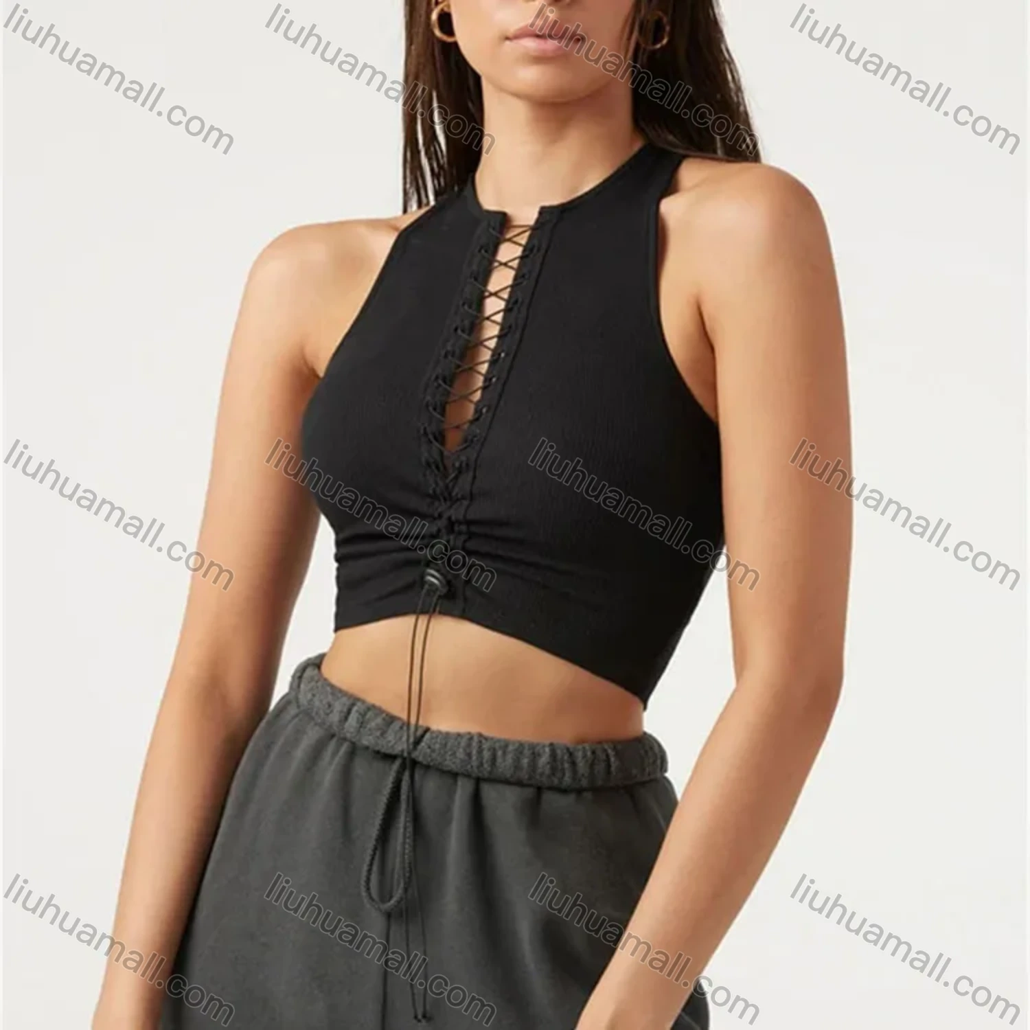 Wholesale Women's Sexy Plain Lace Up Drawstring Crop Tank Top Z366# - Liuhuamall