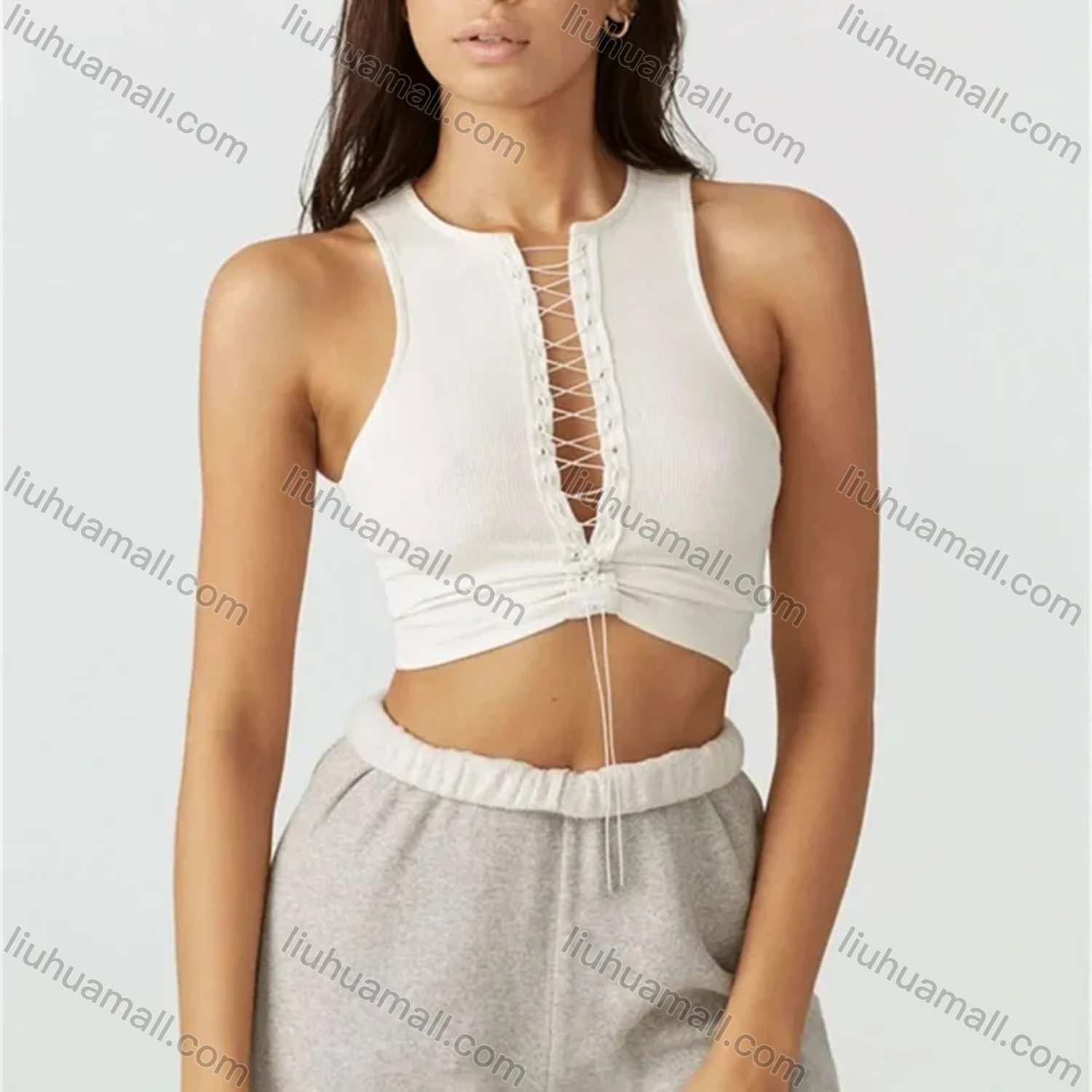 Wholesale Women's Sexy Plain Lace Up Drawstring Crop Tank Top Z366# - Liuhuamall