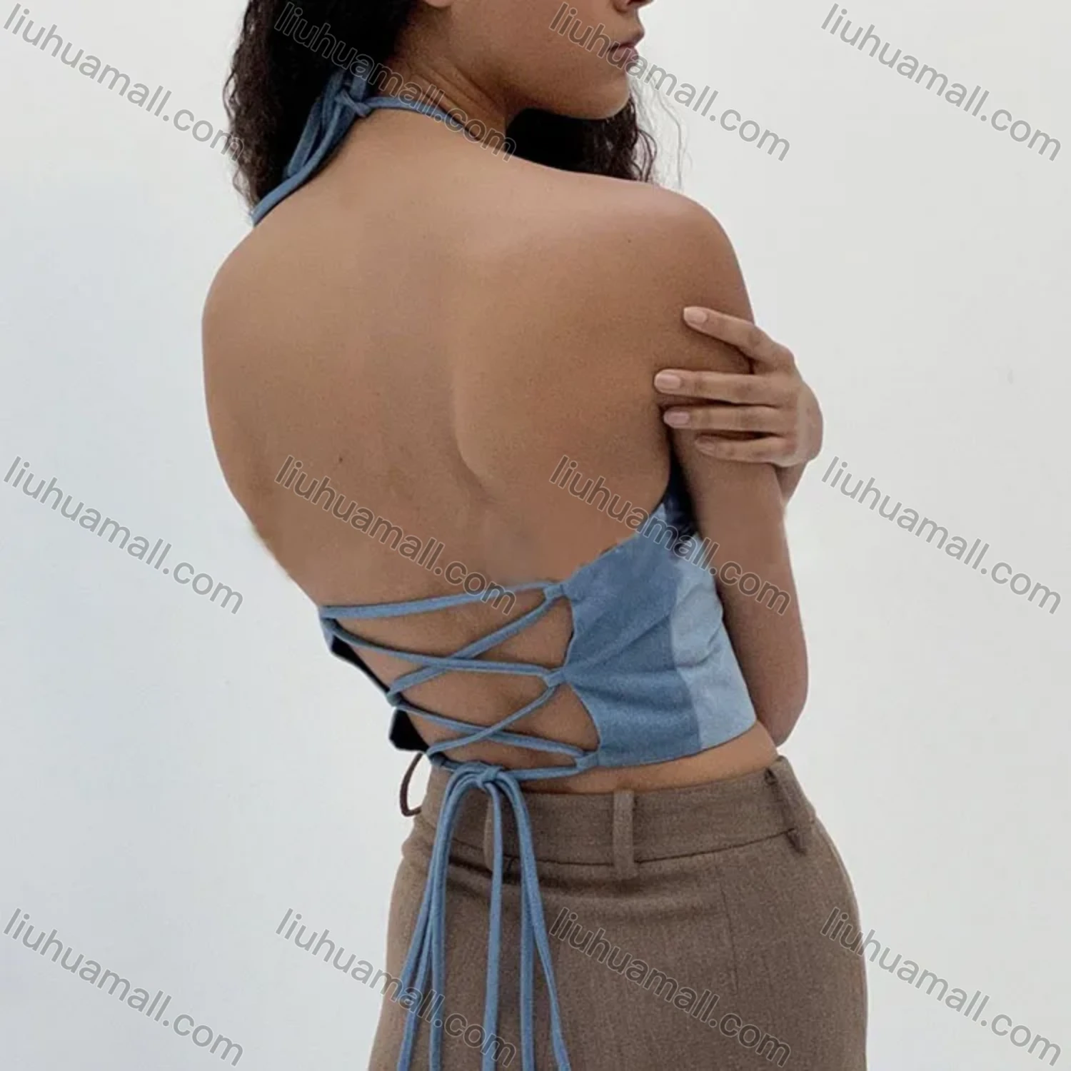 Wholesale Women's Sexy Splicing Colorblock Lace Up Backless Halter Top T0523# - Liuhuamall