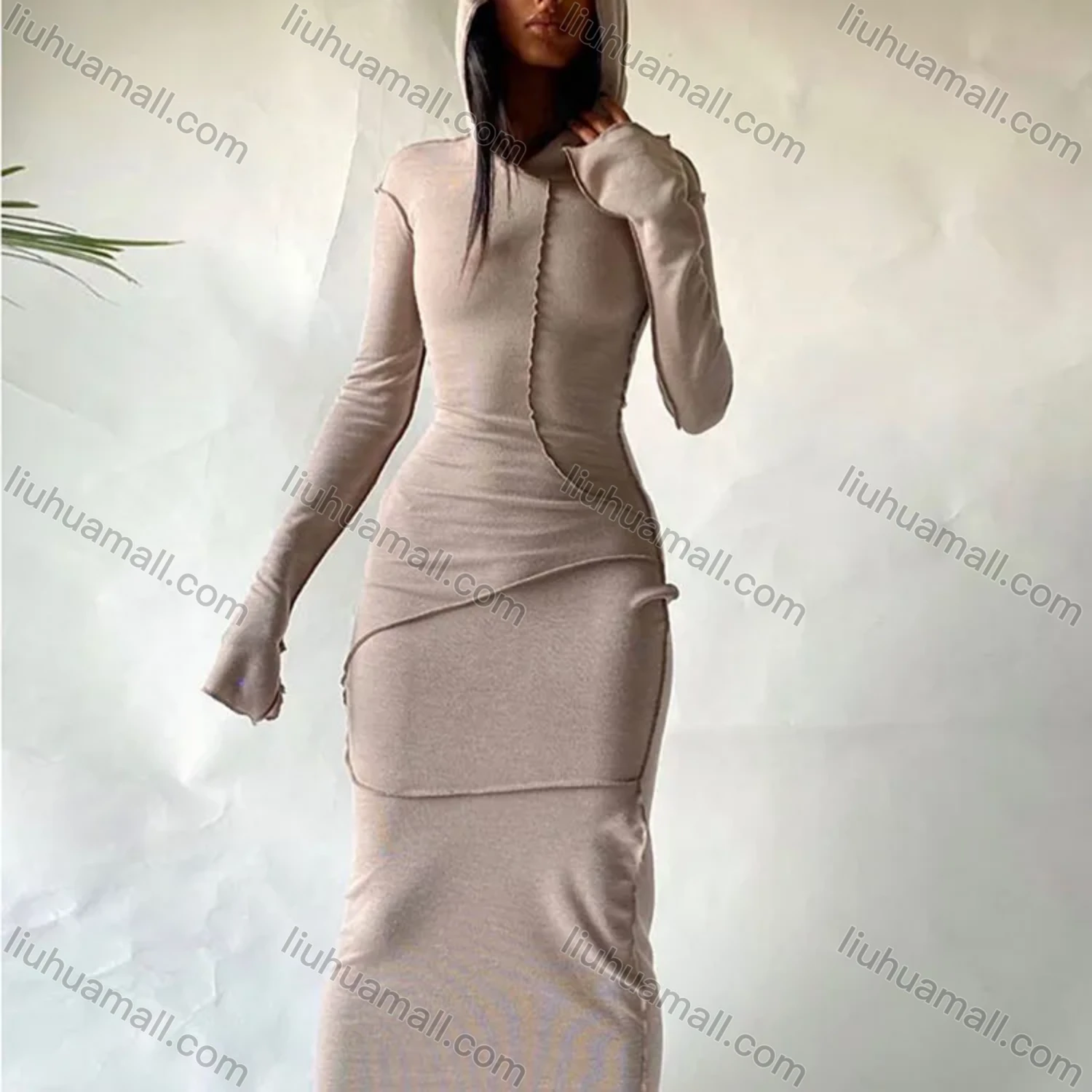 Wholesale Women's Plain Slim Fit Long Sleeve Hoodie Bodycon Midi Dress D0B3710G# - Liuhuamall